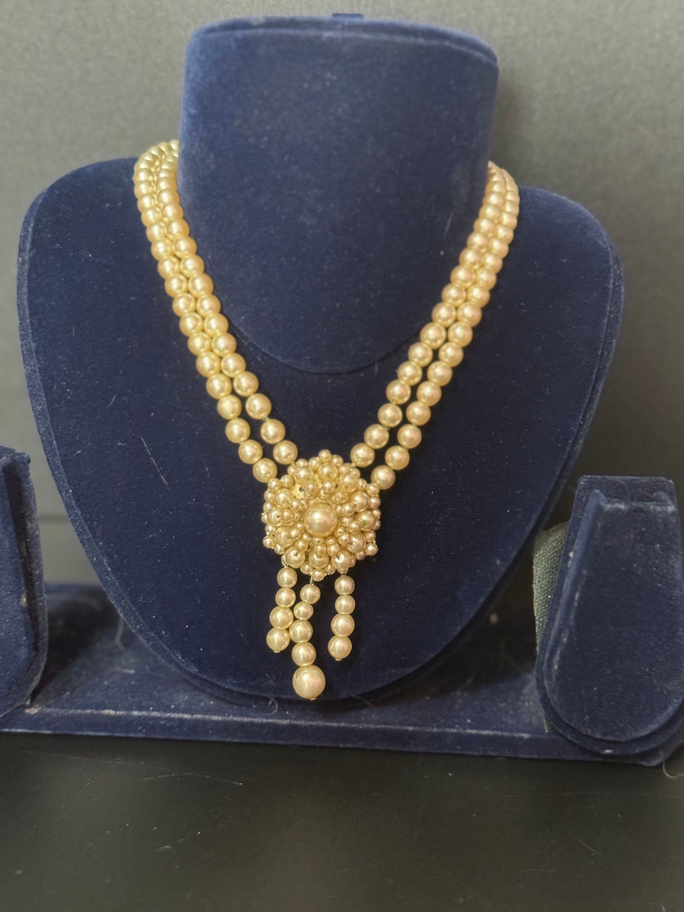 Petite 35cm slim neck  2 strand row faux plastic pearl choker drop necklace