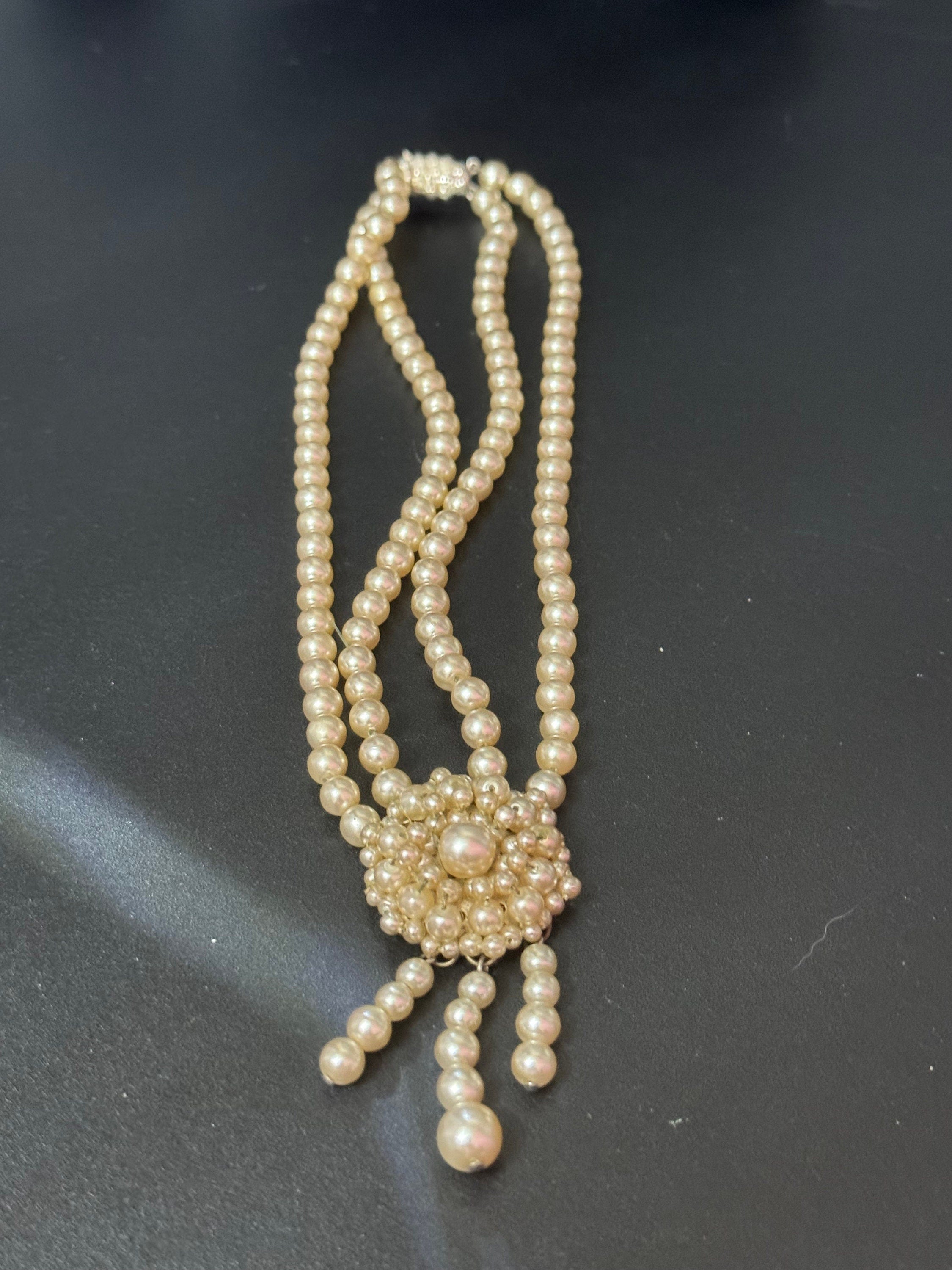 Petite 35cm slim neck  2 strand row faux plastic pearl choker drop necklace