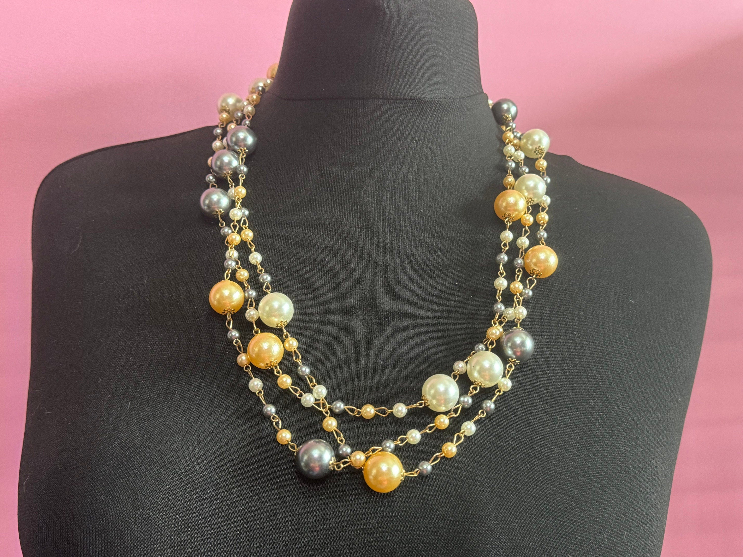 Mix and match 1 2 or 3 strand grey white and peach plastic faux pearl layering necklaces