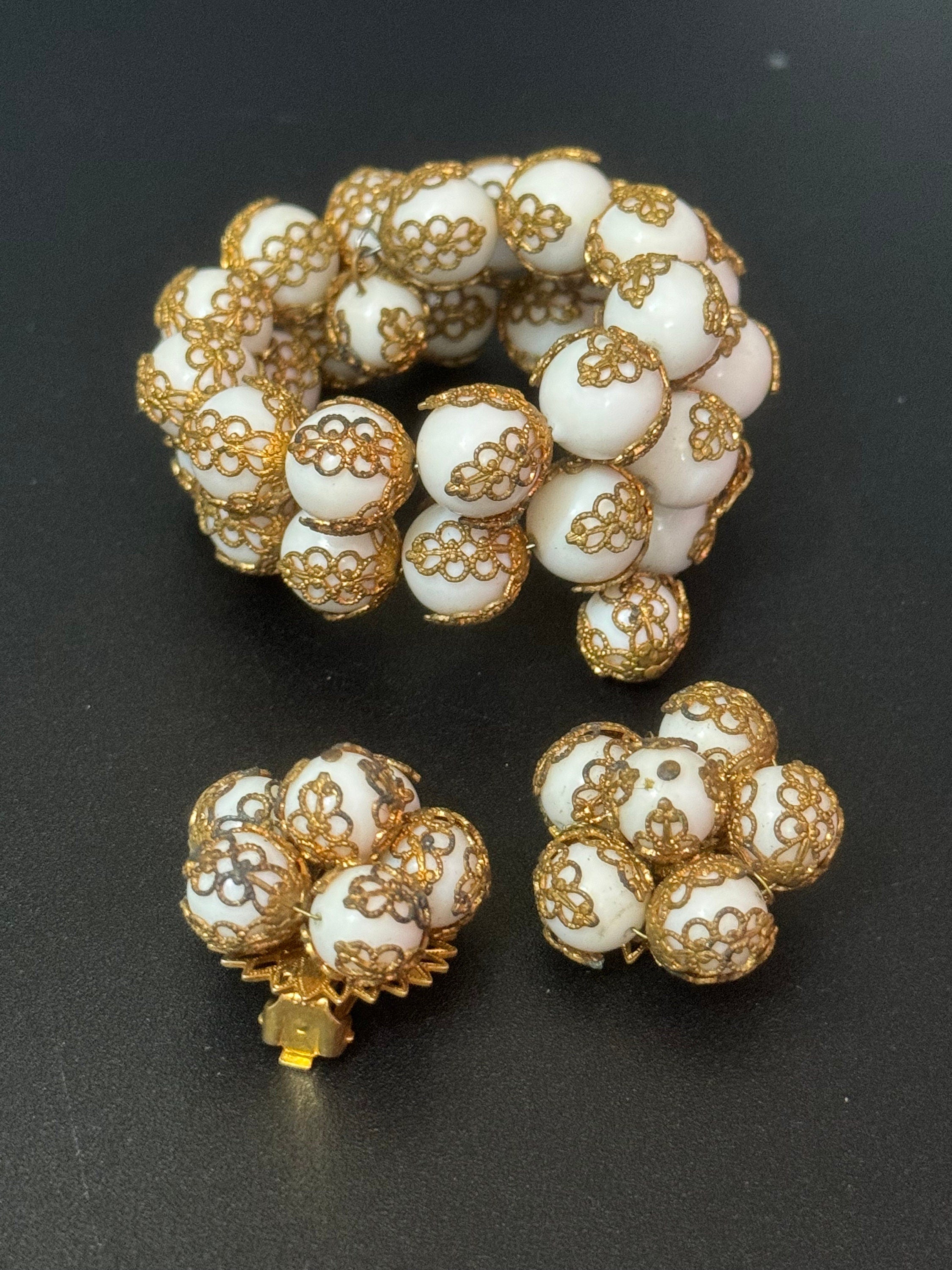 Vintage Czech jewellery set white milk glass filigree beaded Cluster Clip On Earrings and wrap bracelet 1940s 1950s