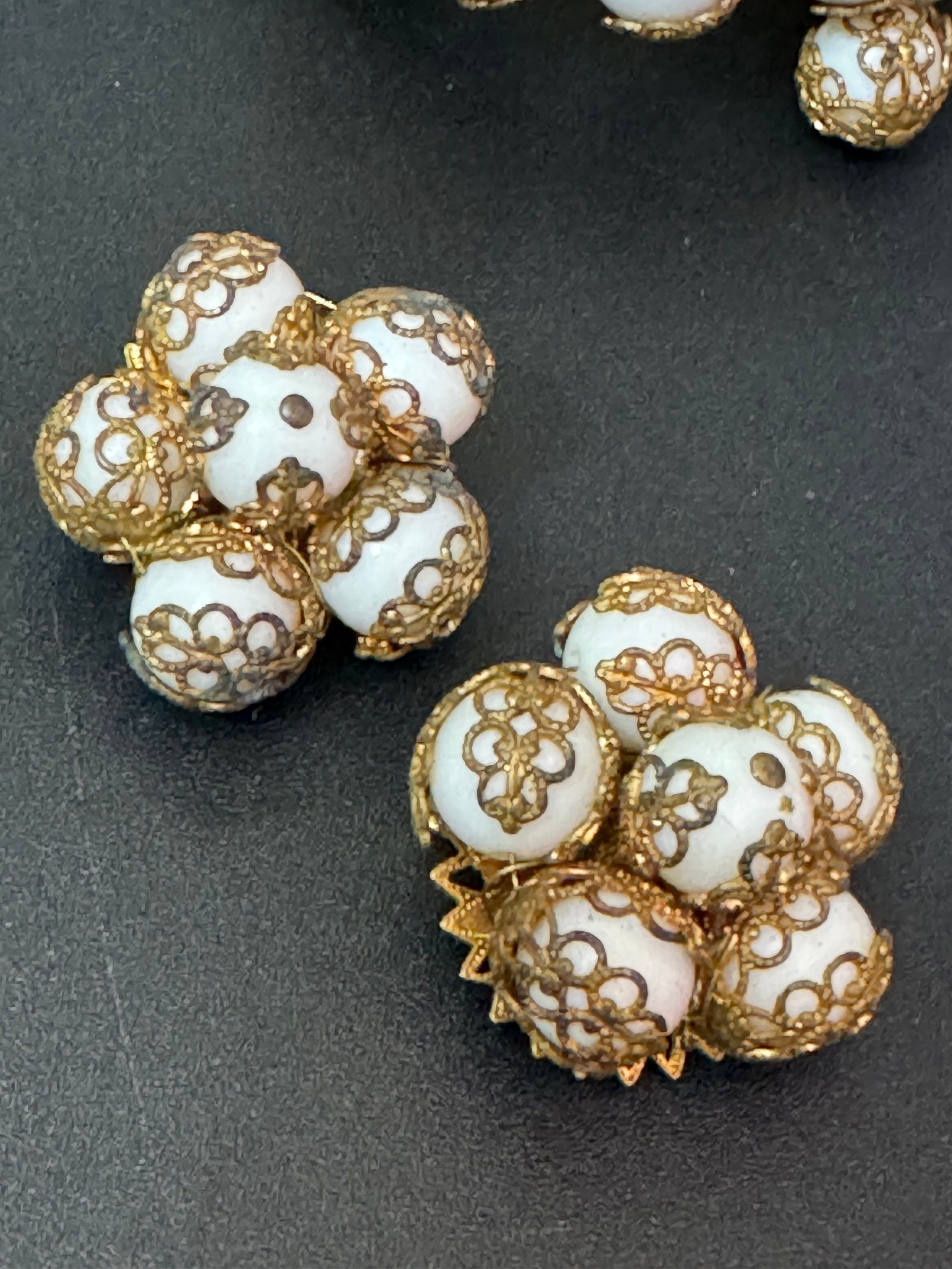 Vintage Czech jewellery set white milk glass filigree beaded Cluster Clip On Earrings and wrap bracelet 1940s 1950s