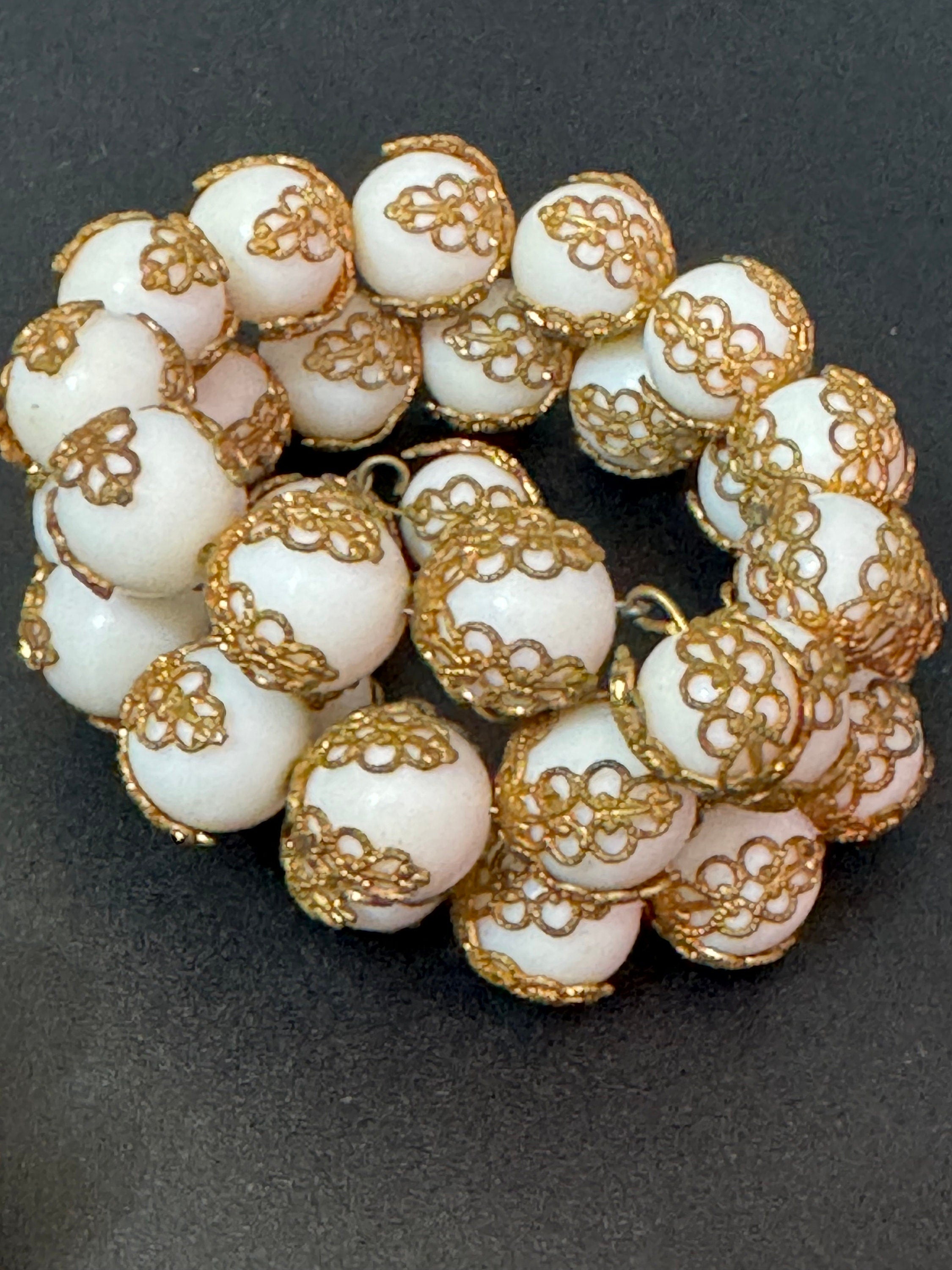 Vintage Czech jewellery set white milk glass filigree beaded Cluster Clip On Earrings and wrap bracelet 1940s 1950s