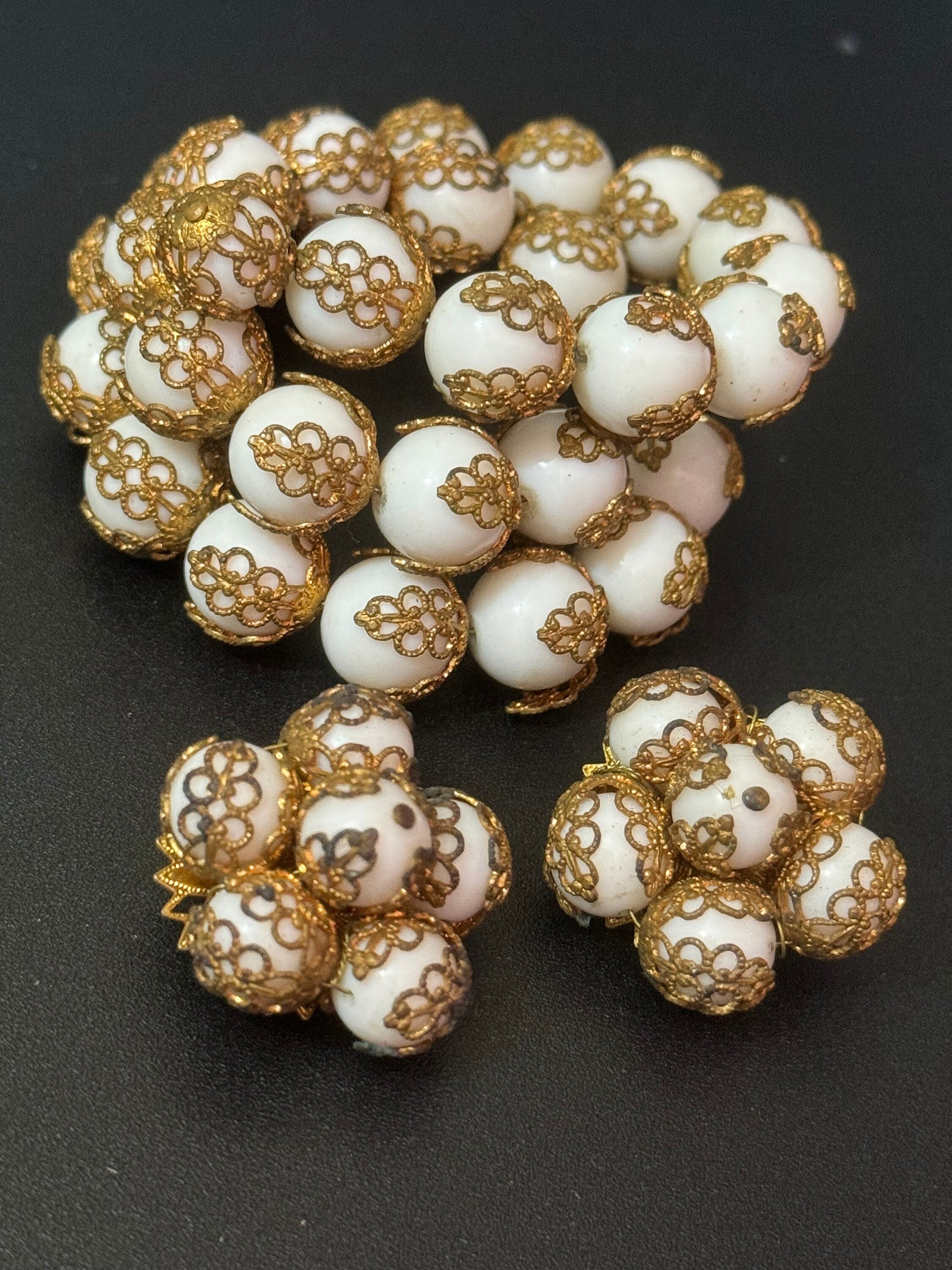 Vintage Czech jewellery set white milk glass filigree beaded Cluster Clip On Earrings and wrap bracelet 1940s 1950s