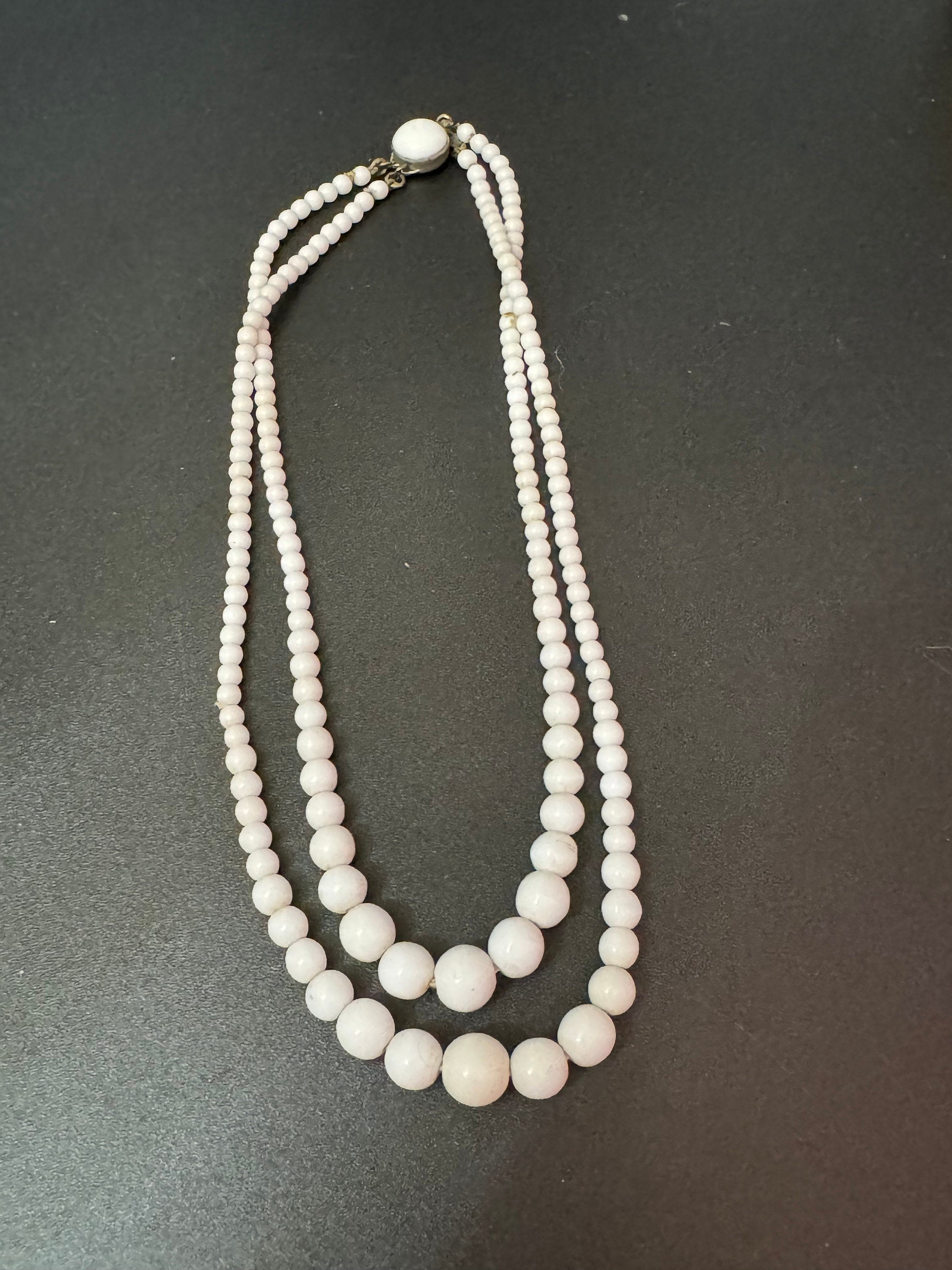 vintage white Milk glass round knotted double strand 2 row beaded necklace