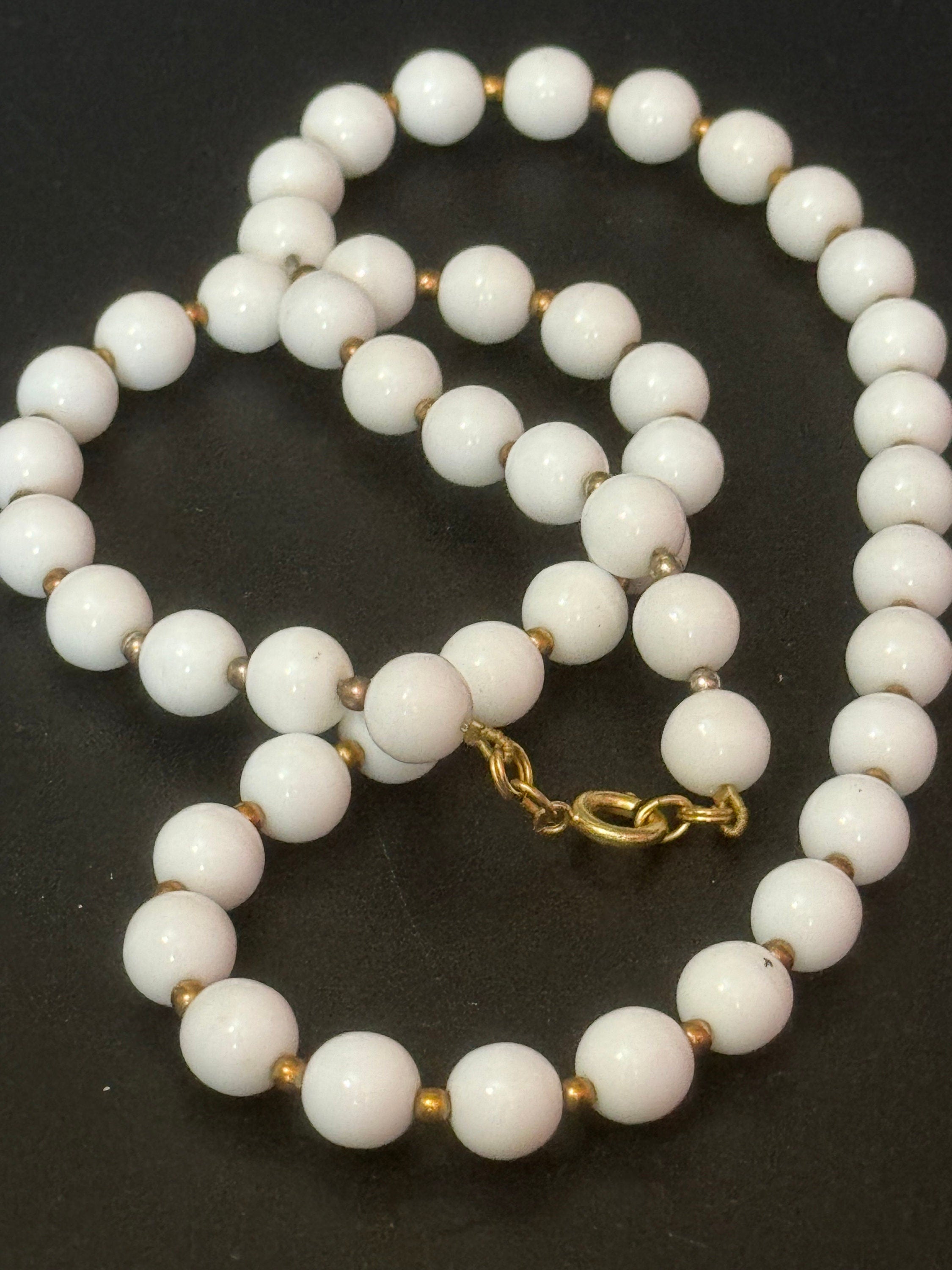 Vintage White milk glass round beaded necklace with small gold spacers 65cm
