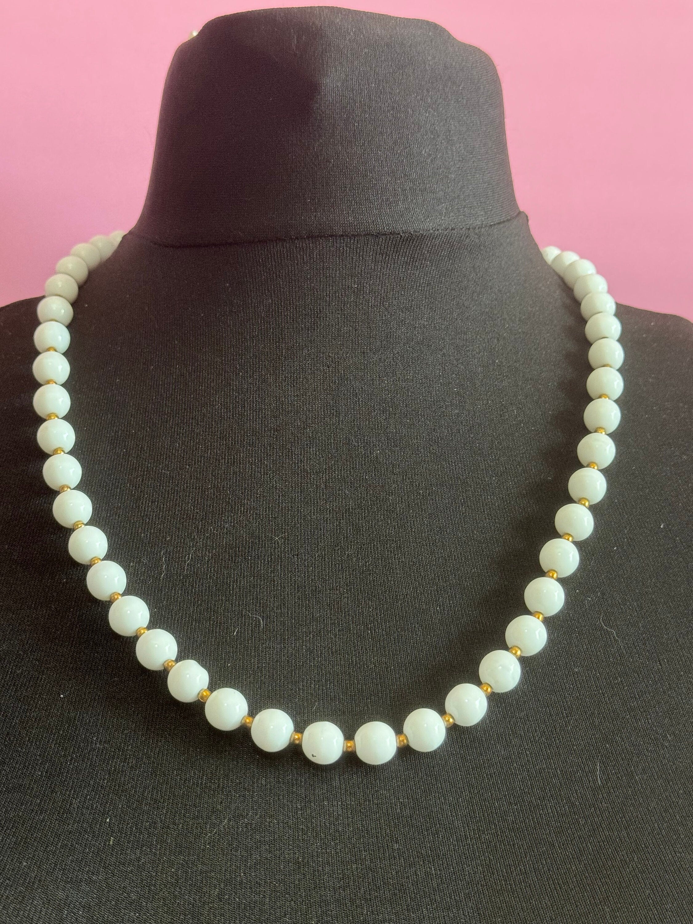 Vintage White milk glass round beaded necklace with small gold spacers 65cm