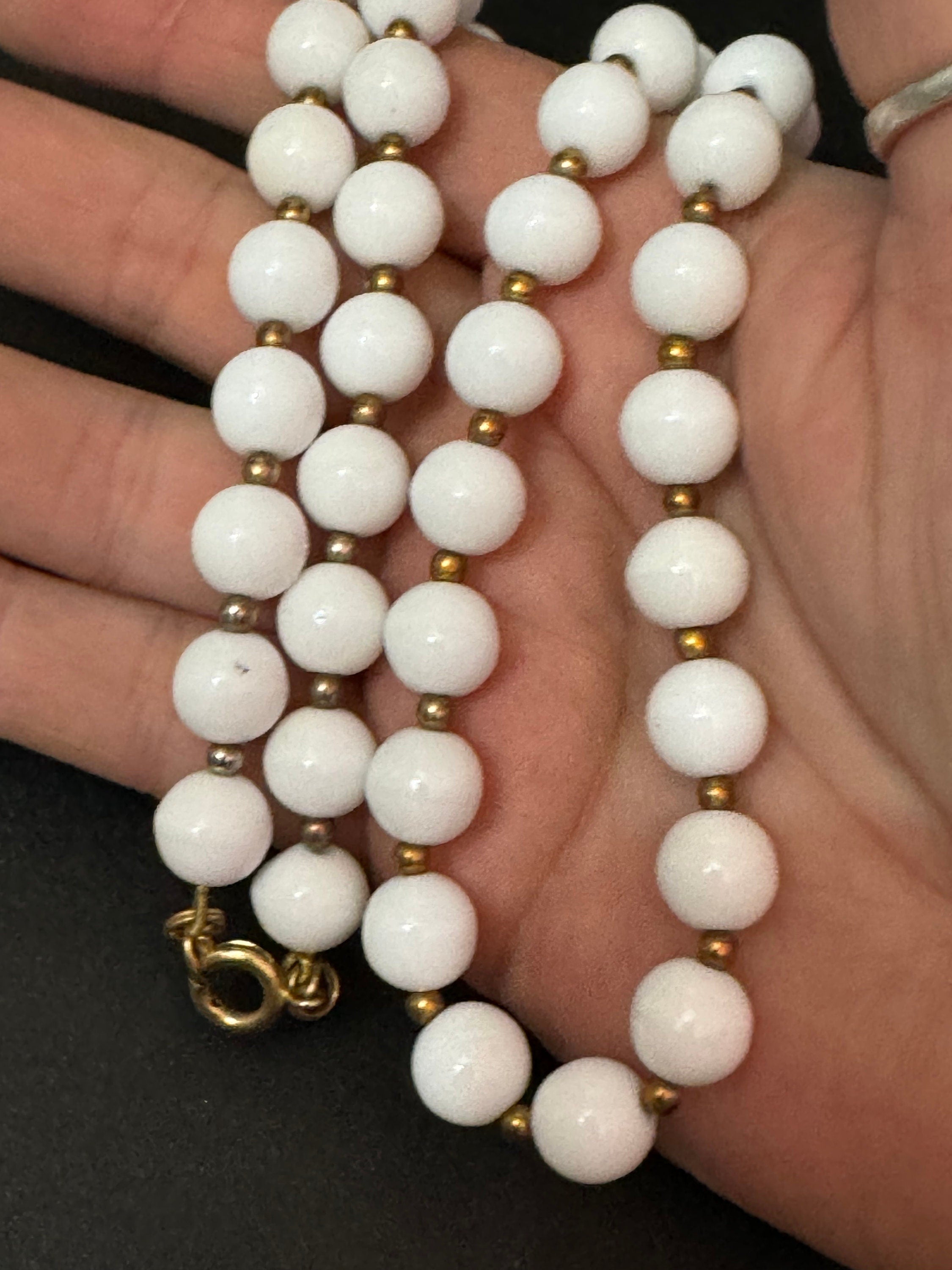 Vintage White milk glass round beaded necklace with small gold spacers 65cm