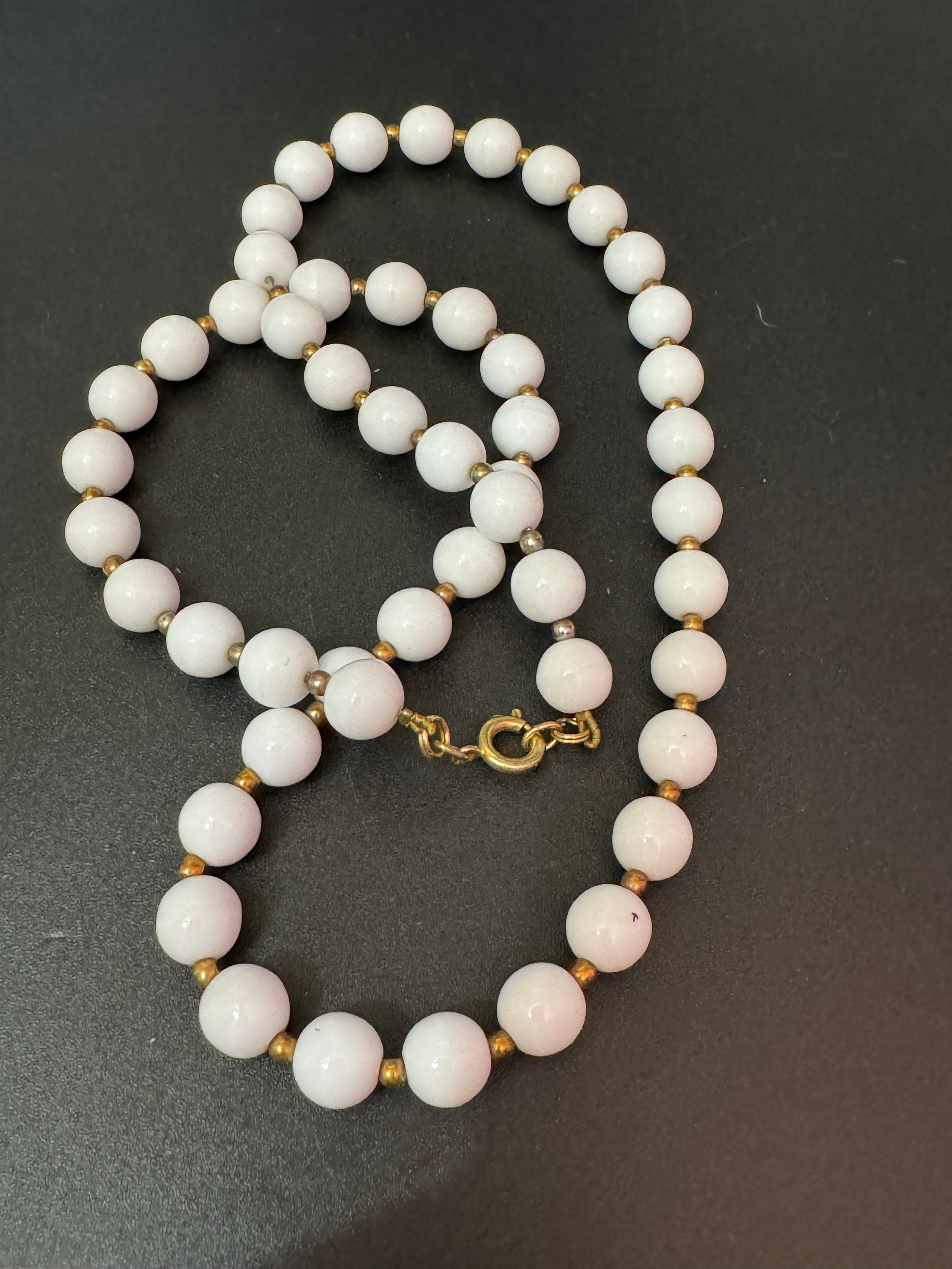 Vintage White milk glass round beaded necklace with small gold spacers 65cm