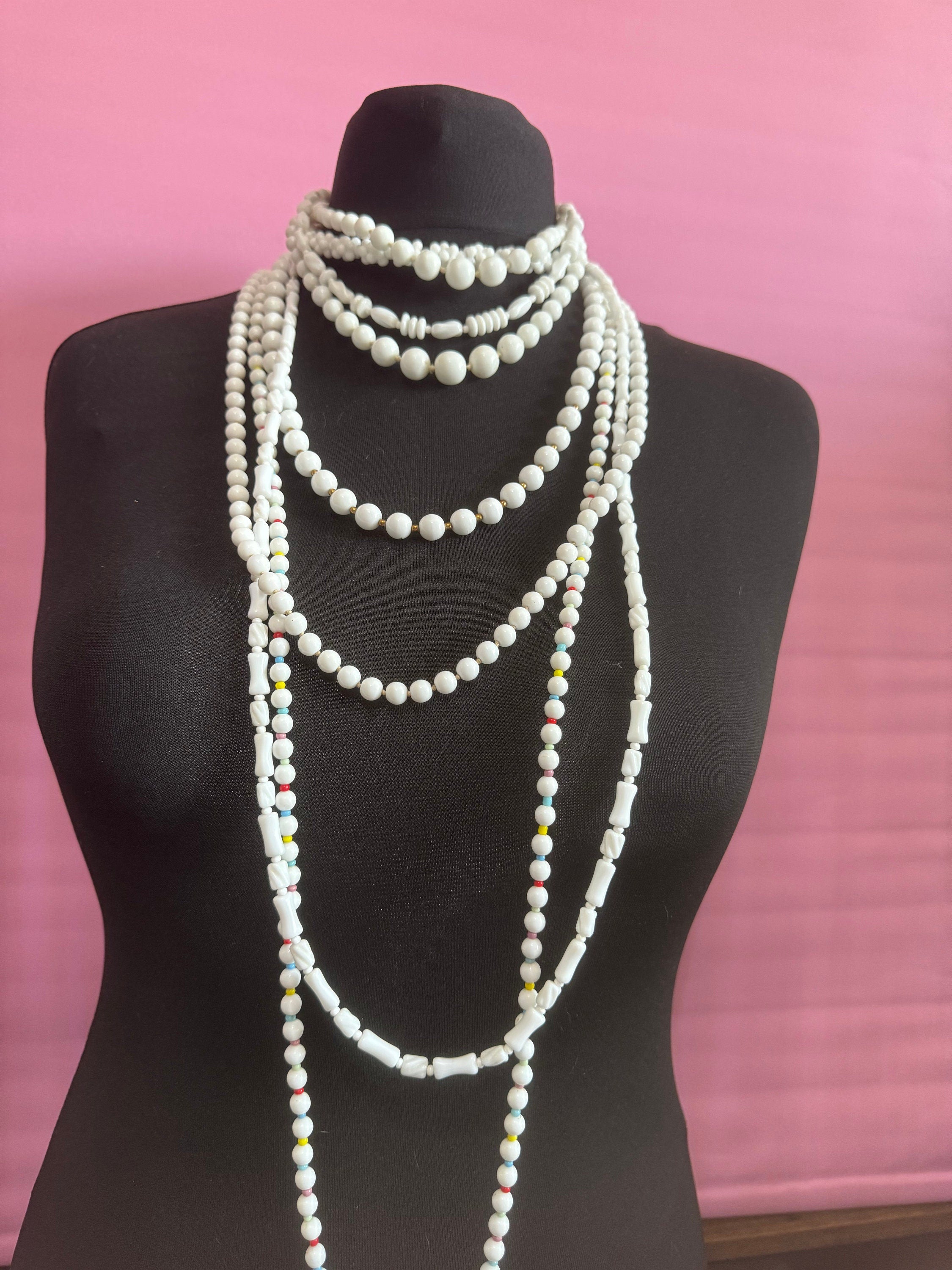 Vintage White milk glass round beaded necklace with small gold spacers 65cm