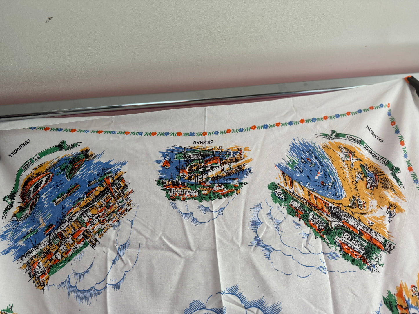 36” southwest Cornwall Somerset devon Vintage printed souvenir tablecloth towns landmarks