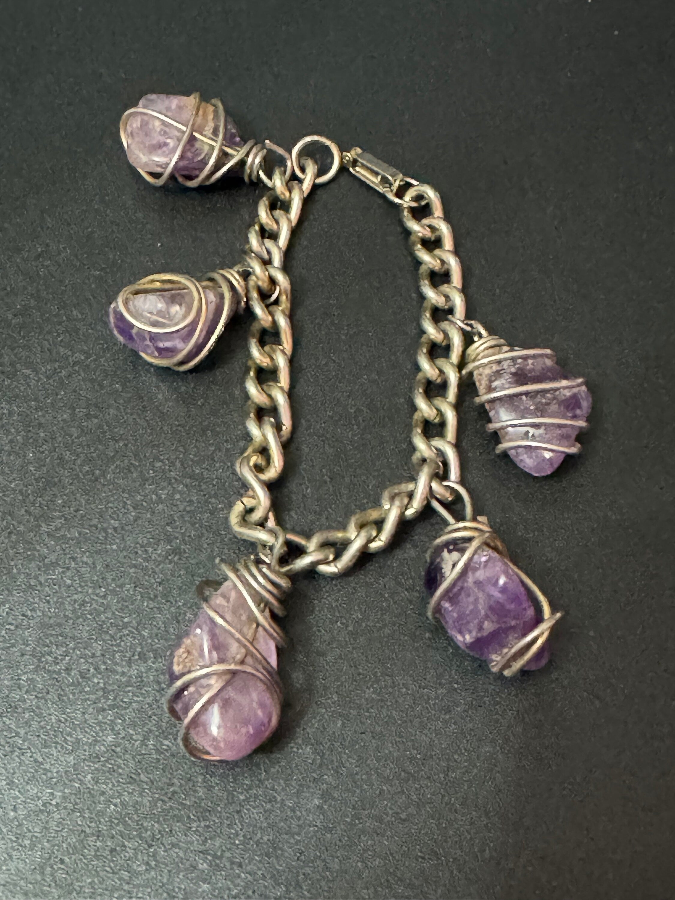 vintage 1970s silver tone chain link chunky Amethyst gemstone charm bracelet purple stones