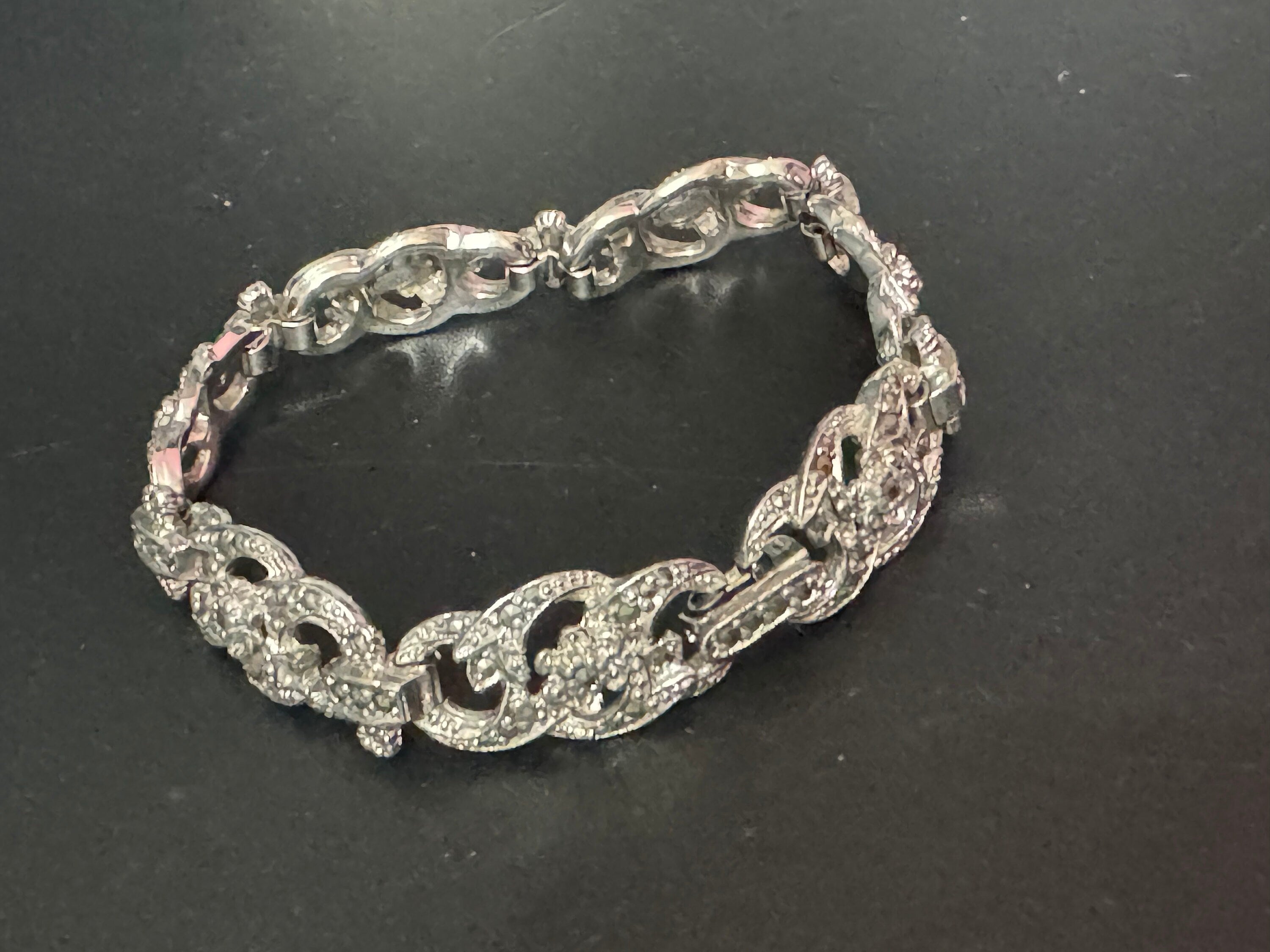 Vintage panel link silver tone marcasite bracelet 18.5cm