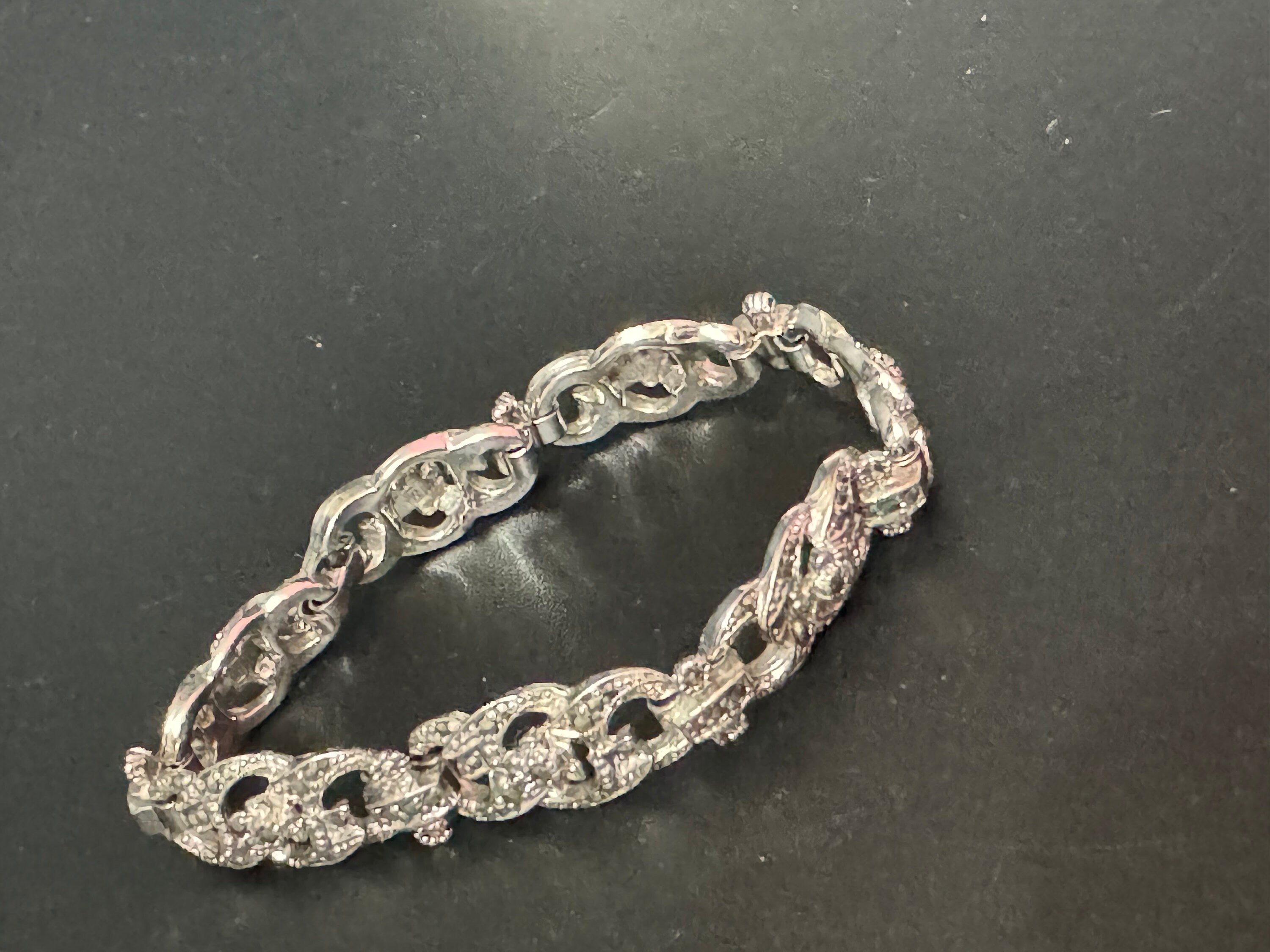 Vintage panel link silver tone marcasite bracelet 18.5cm