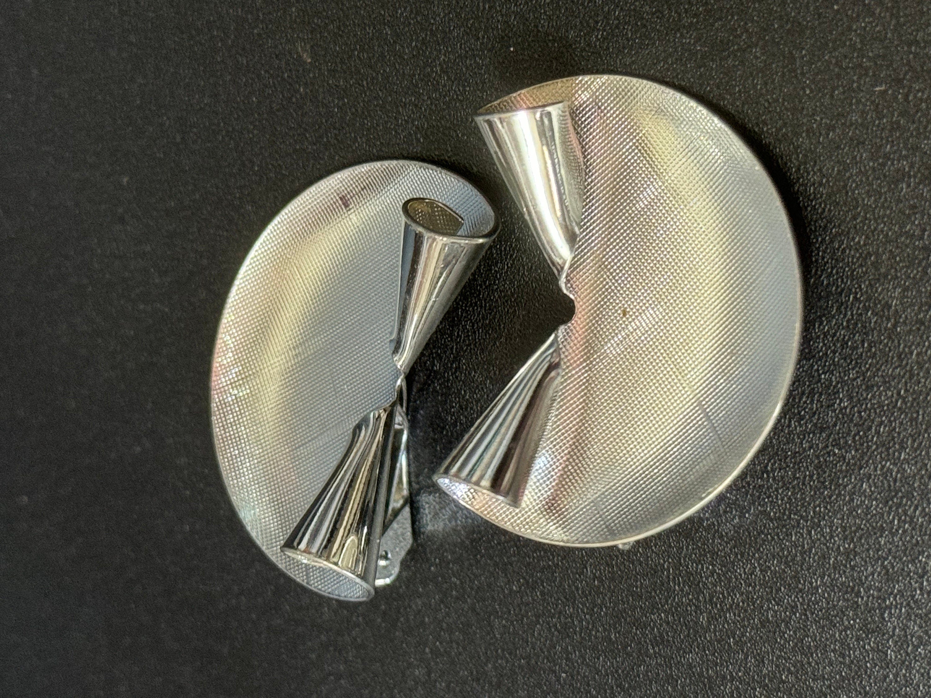signed KIGU of London 3.5cm wide silver fan clip on earrings rhodium plated 1950s unused vintage