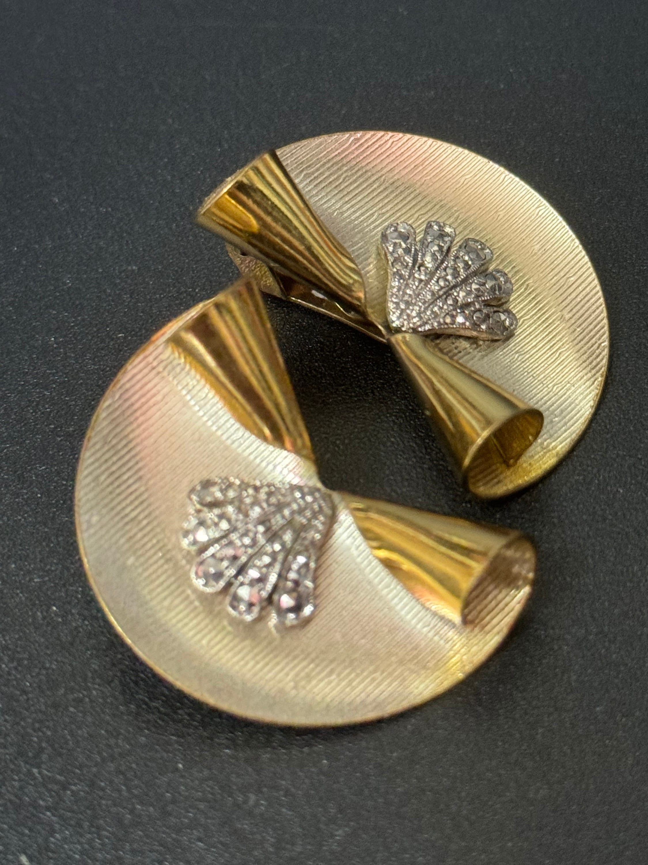 True vintage signed KIGU of London marcasite oversized fan Clip on earrings 22ct gold plated old shop stock from 1950s Marquetta