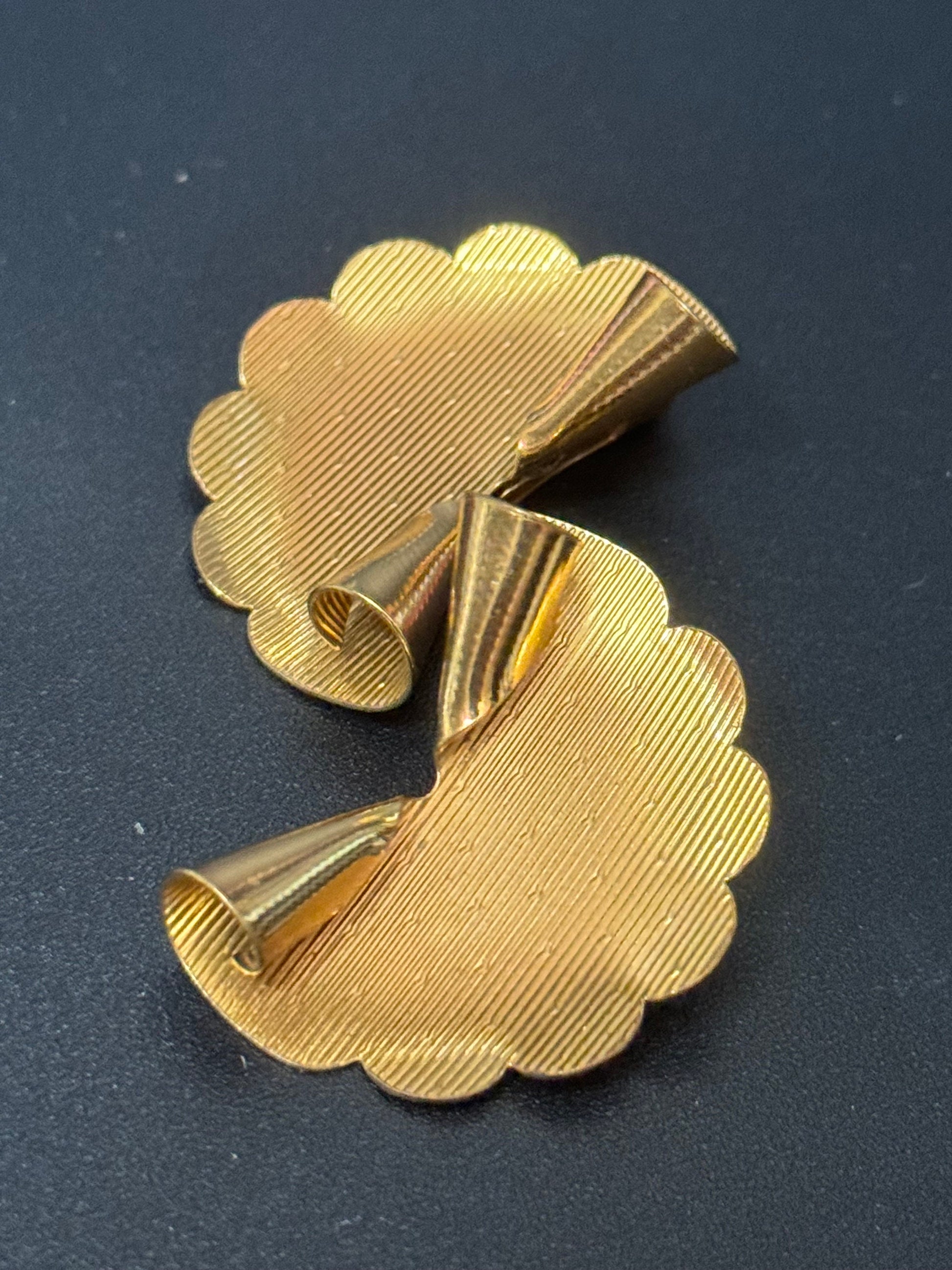 True vintage signed KIGU of London Scalloped oversized fan Clip on earrings 22ct gold plated old shop stock from 1950s