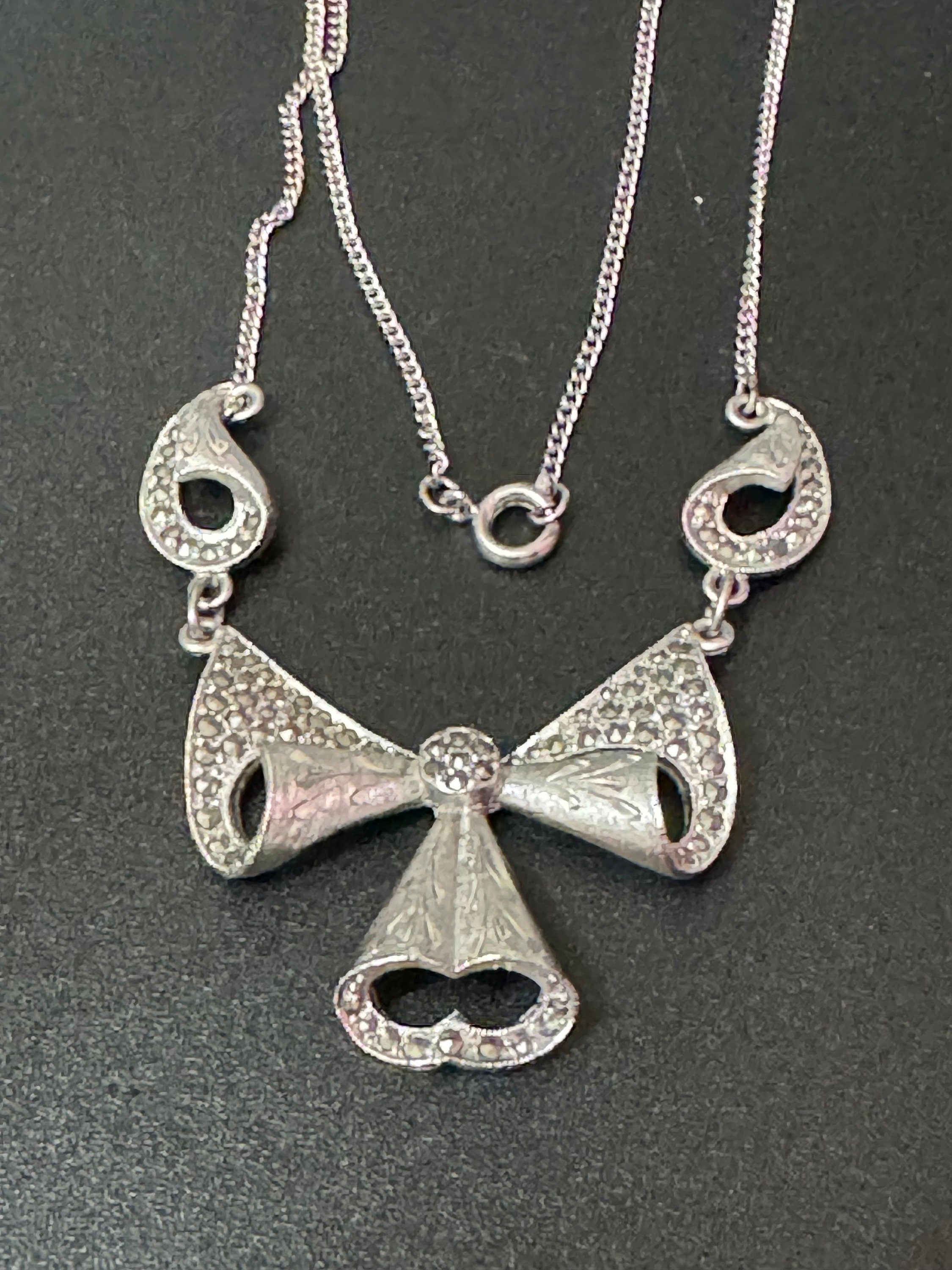 Signed Sphinx vintage Silver Tone Marcasite Floral drop Necklace
