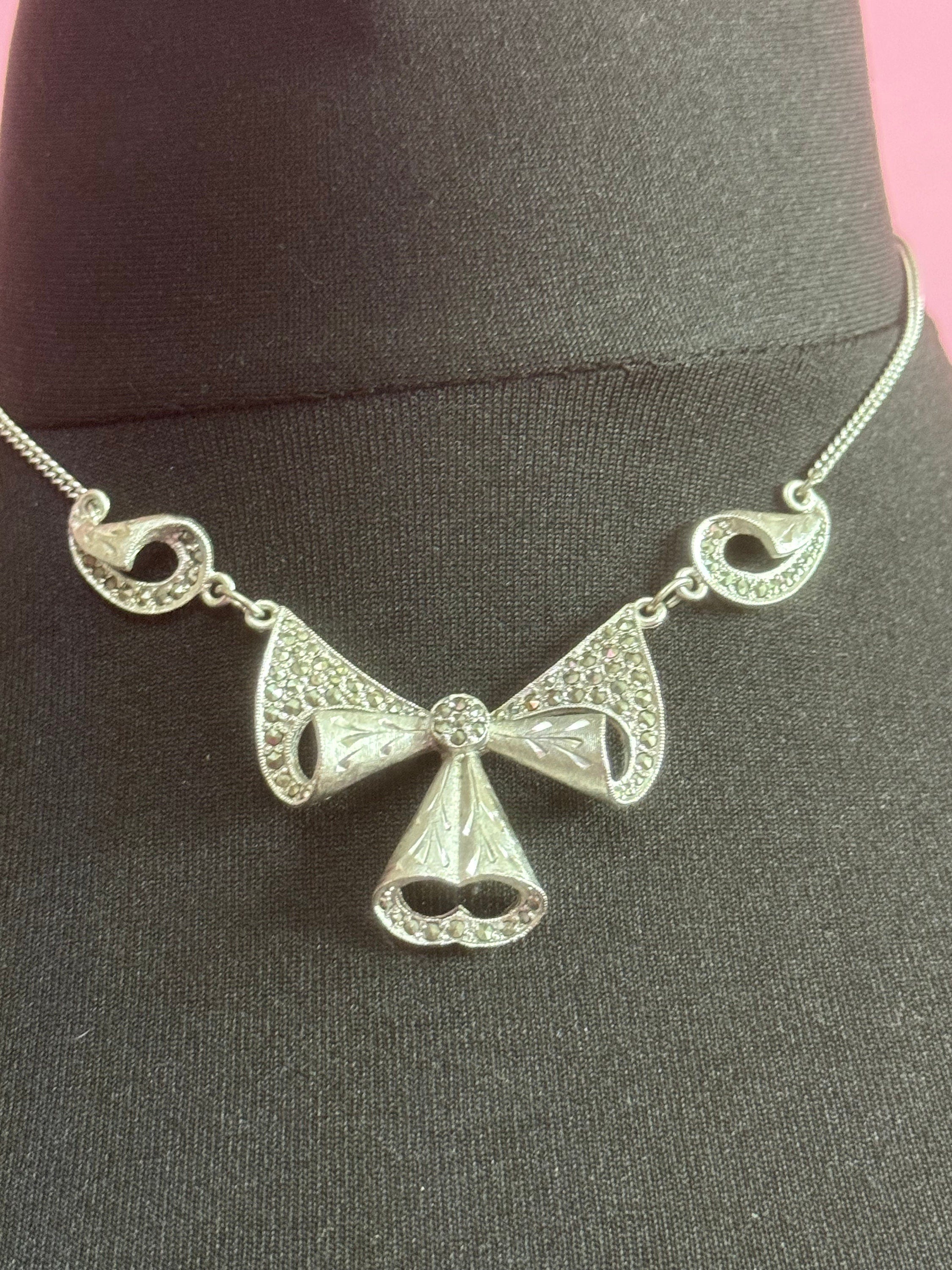 Signed Sphinx vintage Silver Tone Marcasite Floral drop Necklace