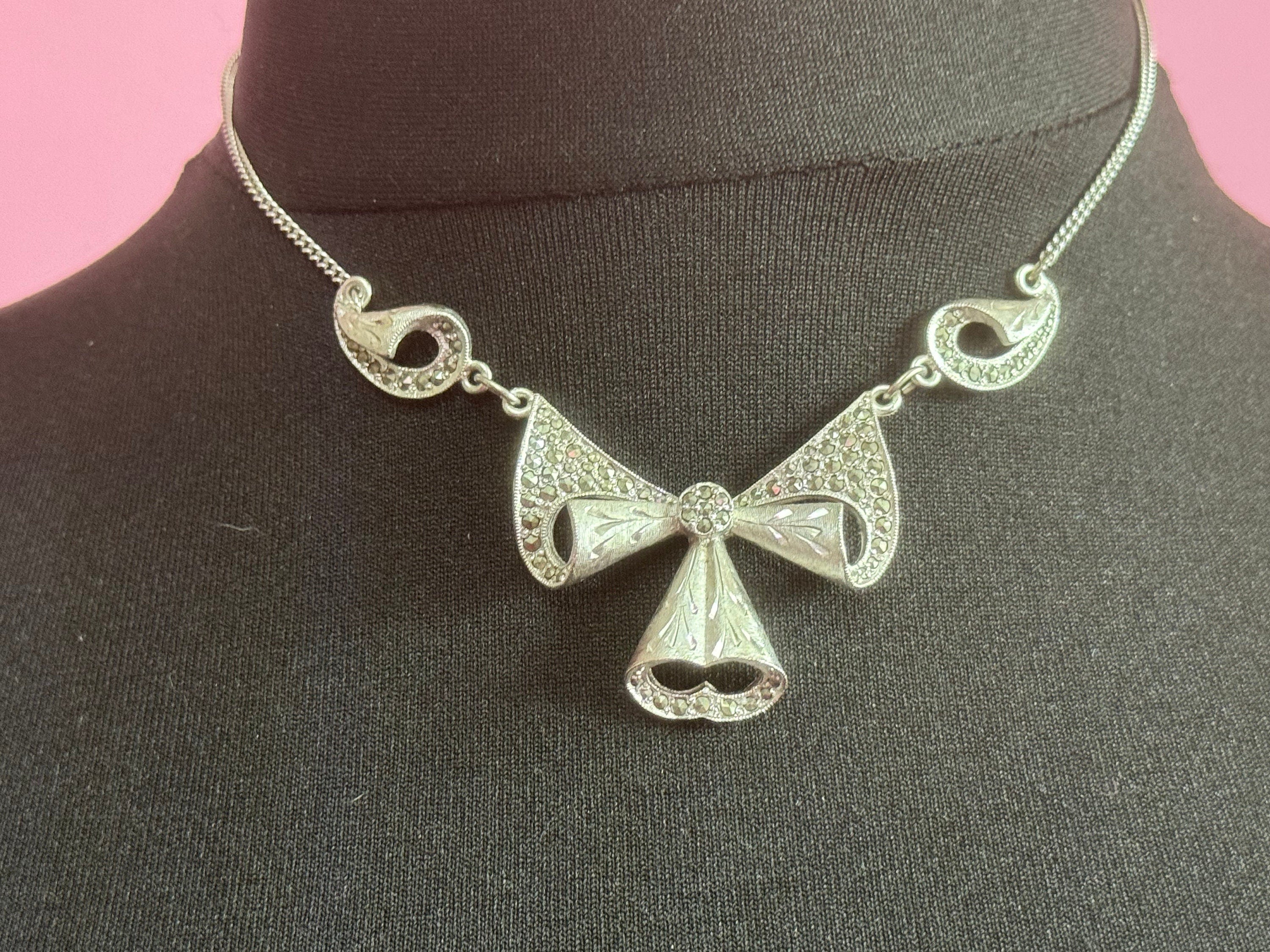 Signed Sphinx vintage Silver Tone Marcasite Floral drop Necklace