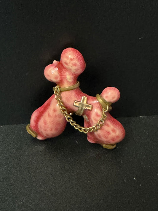 Vintage pink ceramic POODLE Dog Brooch Pin mid century