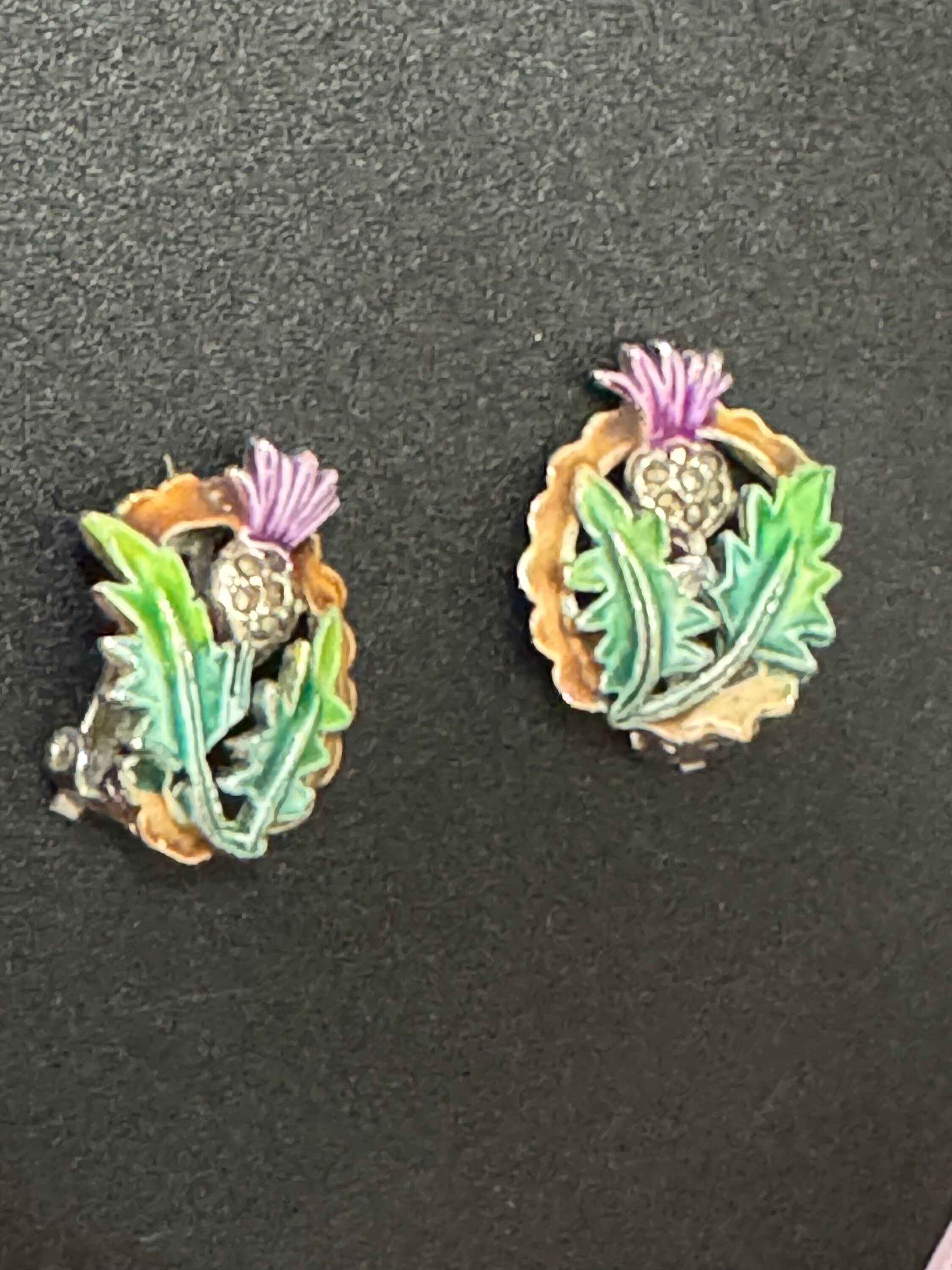Vintage Marcasite silver tone SCOTTISH THISTLE floral Clip On Stud Earrings