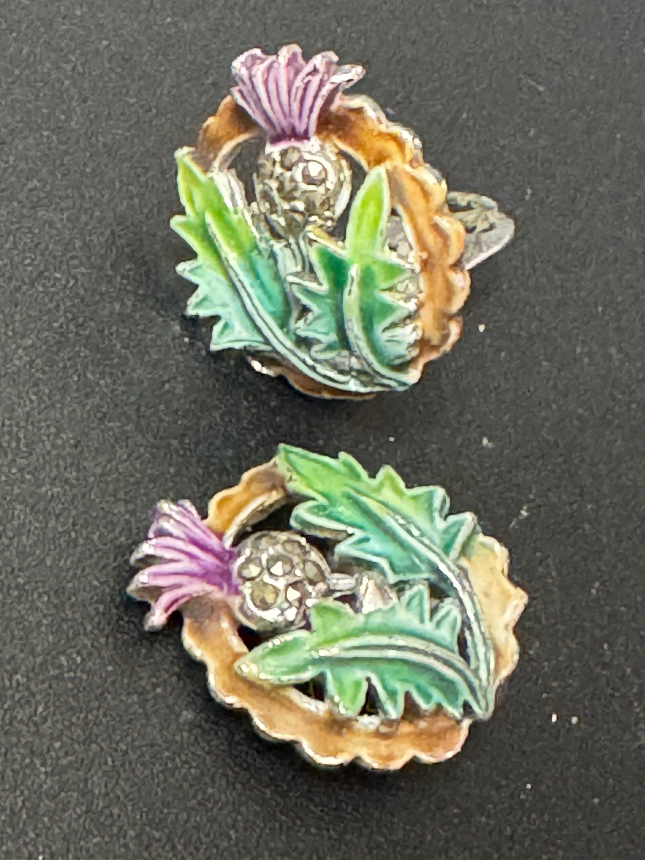 Vintage Marcasite silver tone SCOTTISH THISTLE floral Clip On Stud Earrings