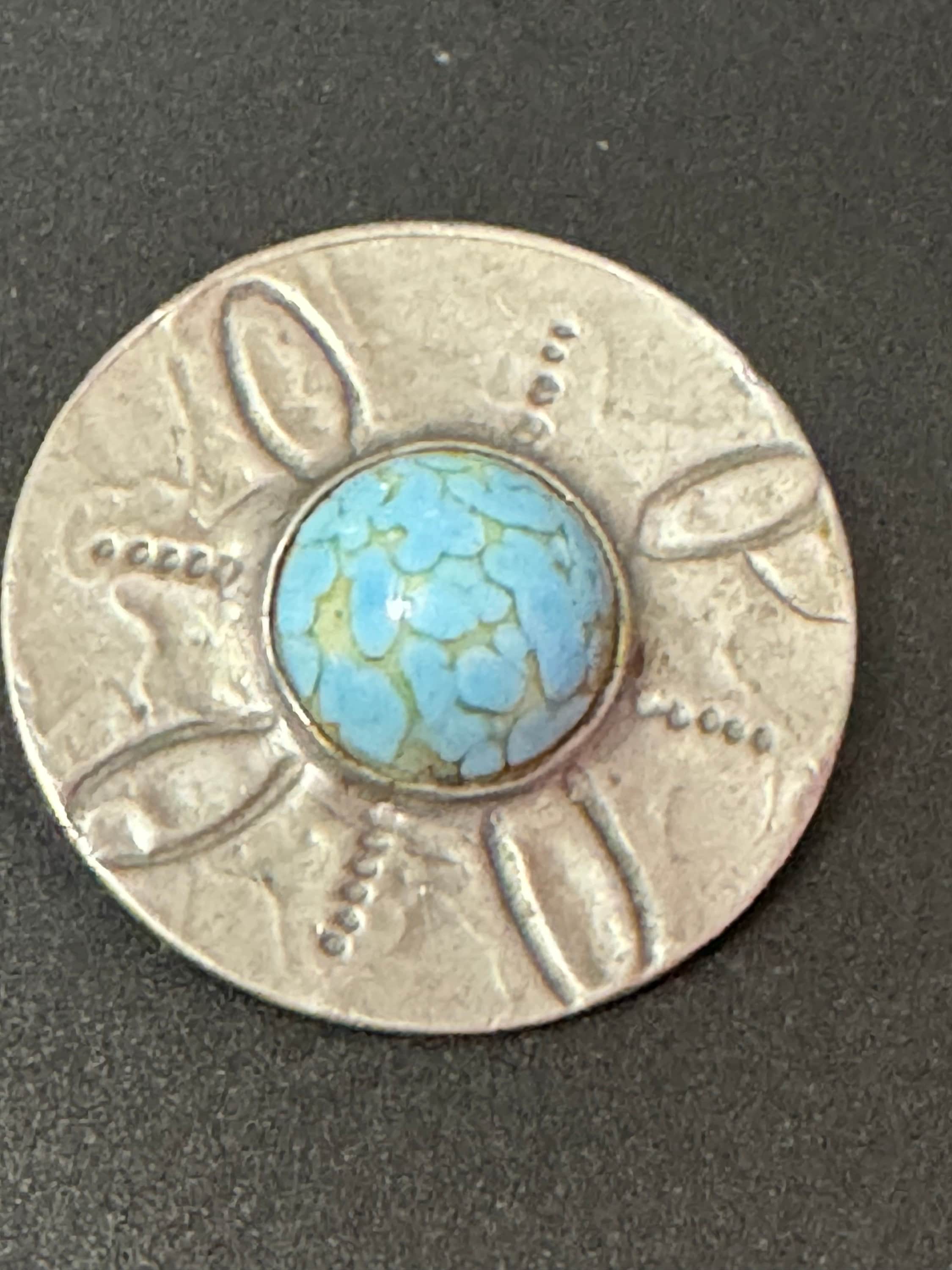 vintage silver tone ornate Celtic style brooch set with turquoise cabochon