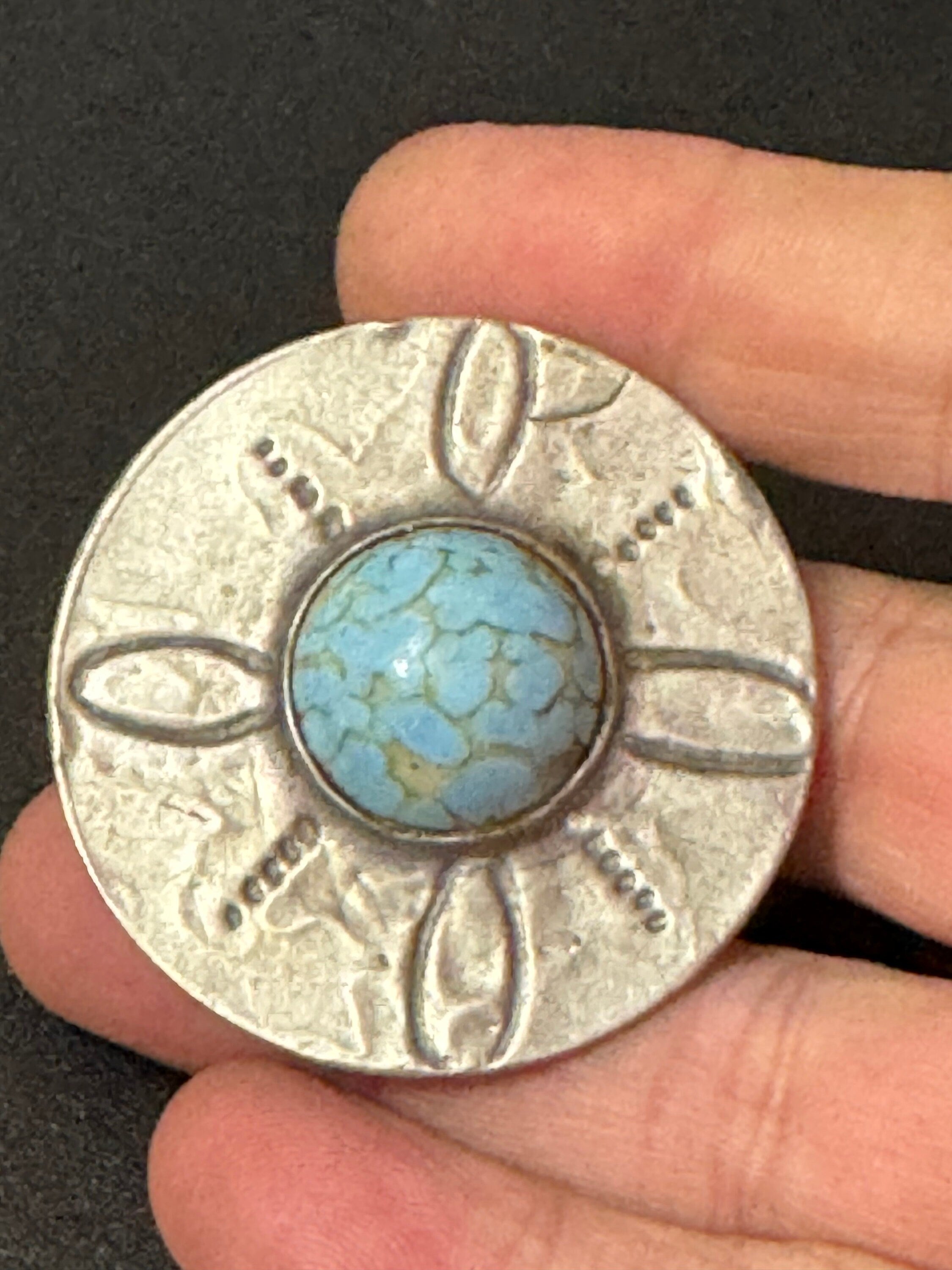 vintage silver tone ornate Celtic style brooch set with turquoise cabochon