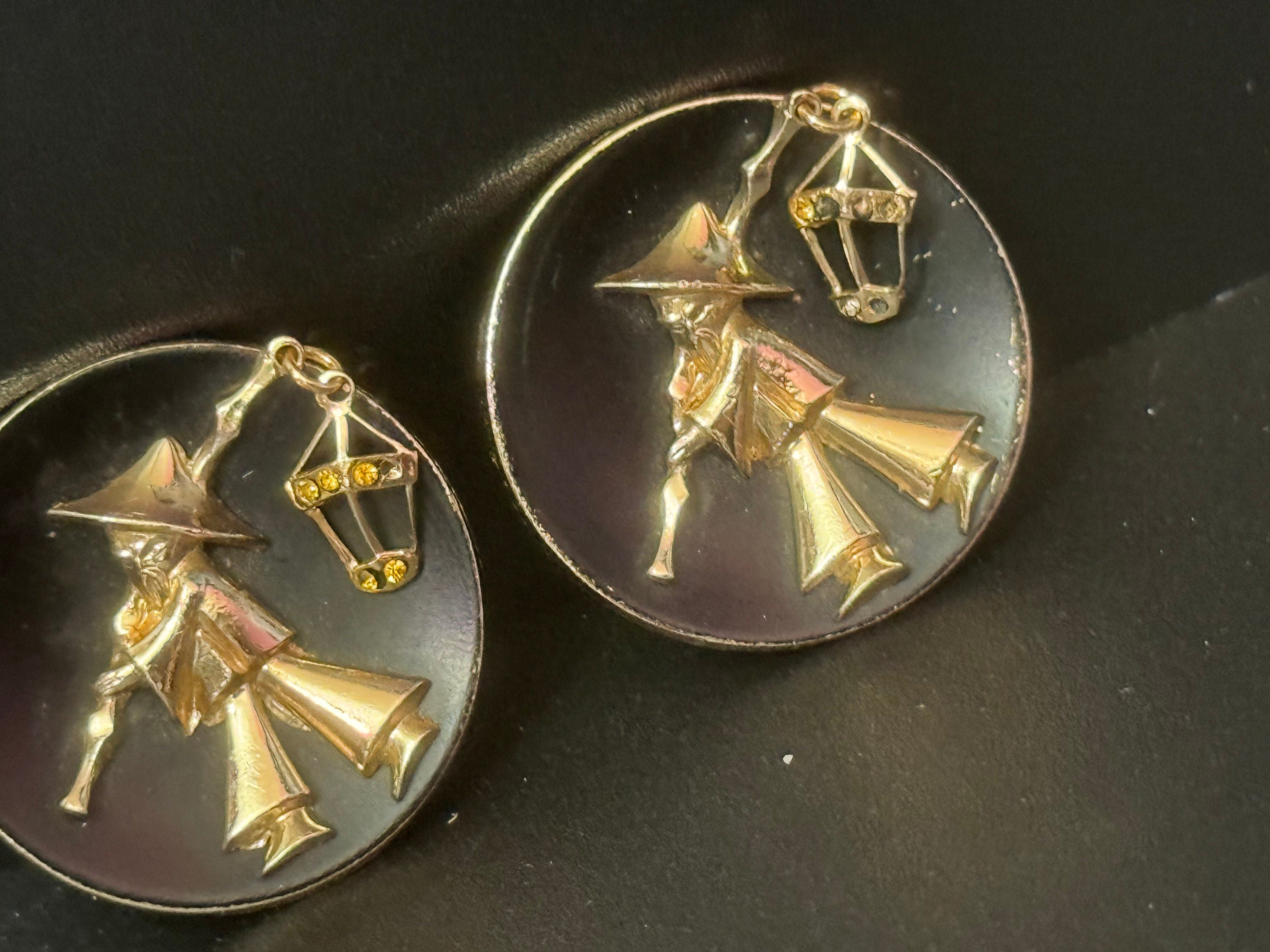 Vintage Chinese Man with Lantern Clip On Earrings: Black & Rose Gold