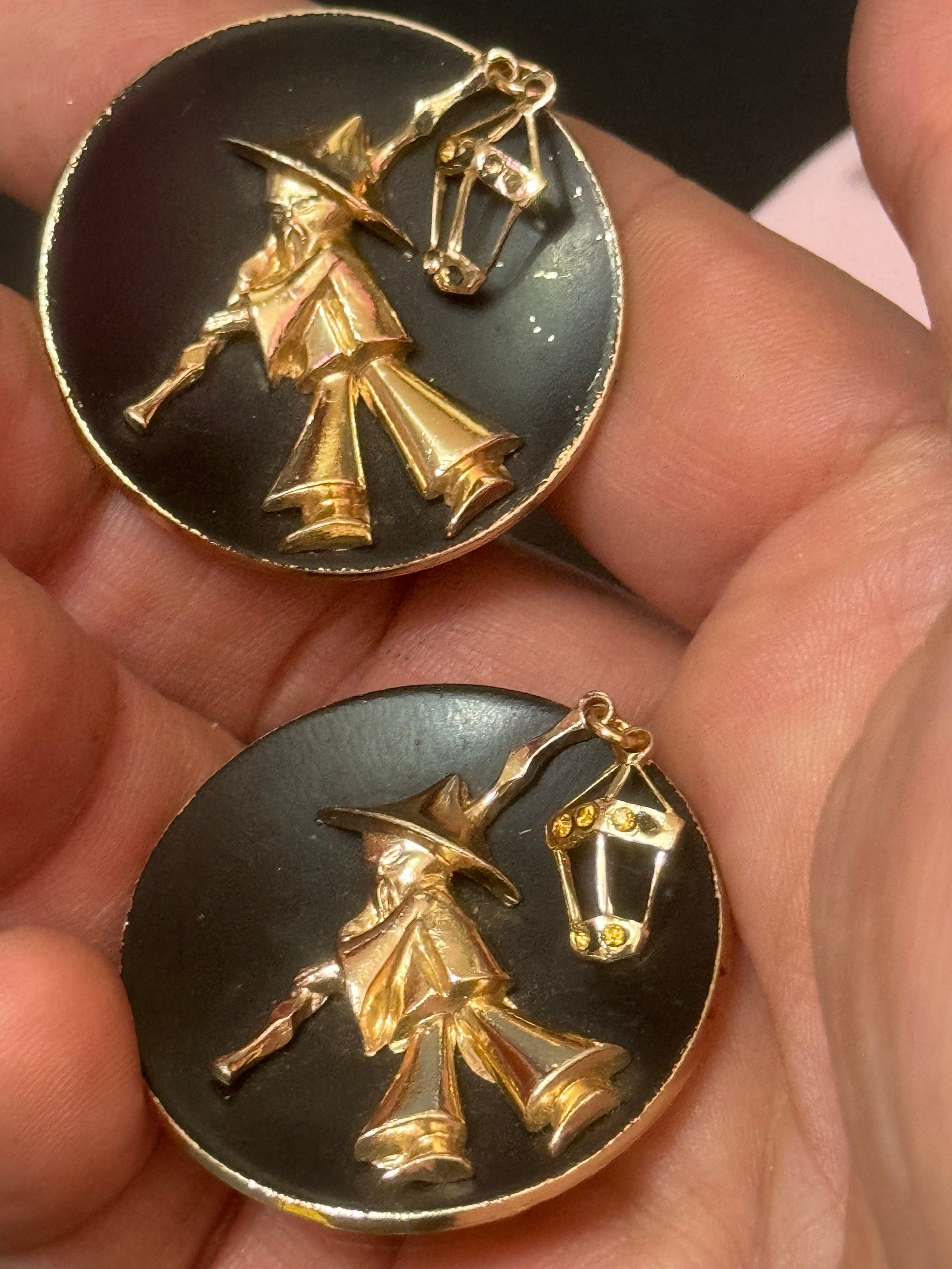 Vintage Chinese Man with Lantern Clip On Earrings: Black & Rose Gold