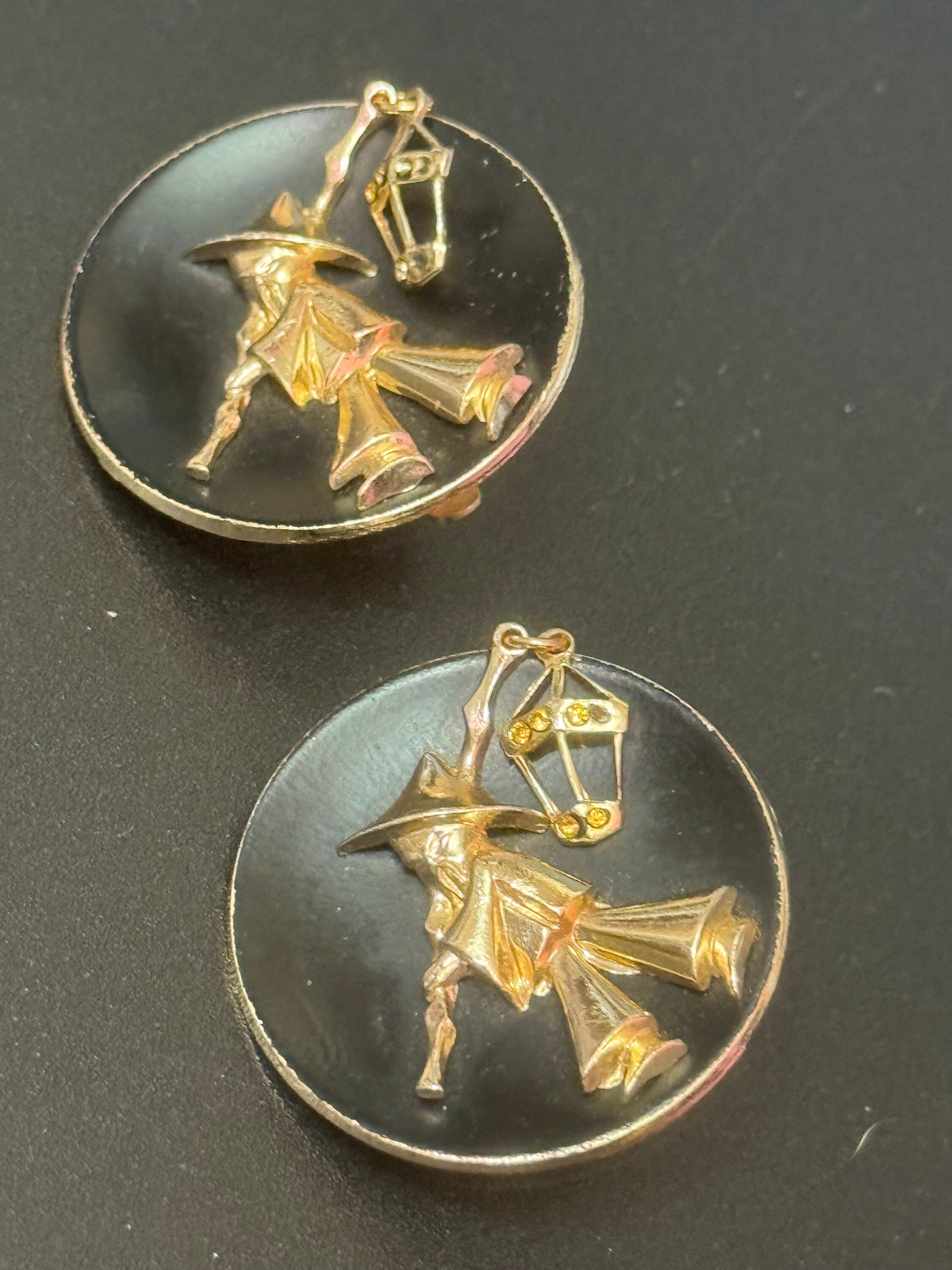 Vintage Chinese Man with Lantern Clip On Earrings: Black & Rose Gold