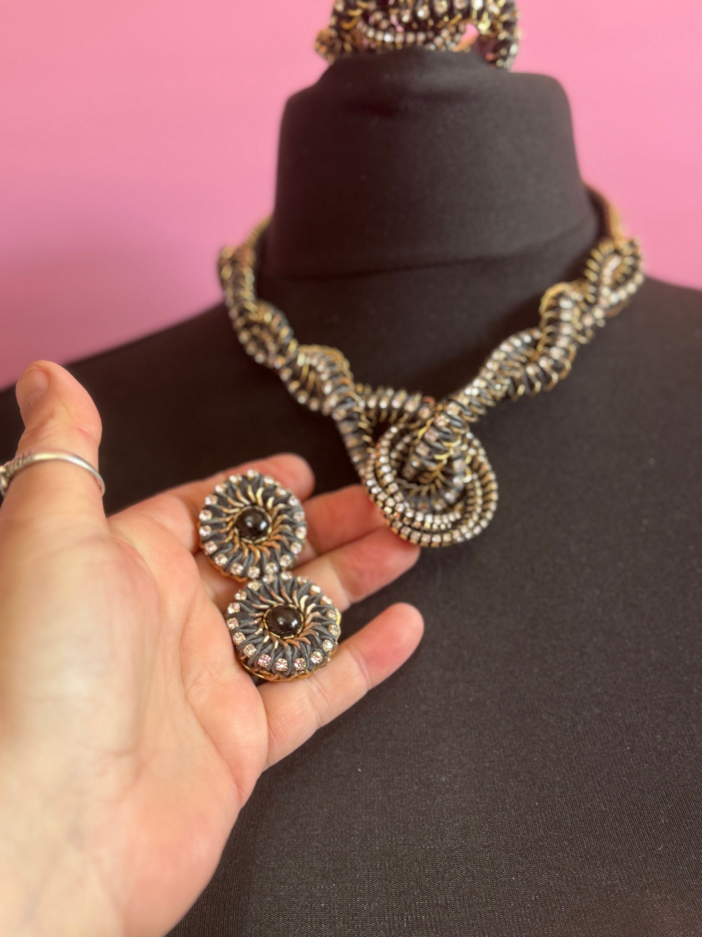 Retro clear Swarovski crystal diamanté and blue leather and cord gold tone diamanté knot pendant necklace bracelet and earring set