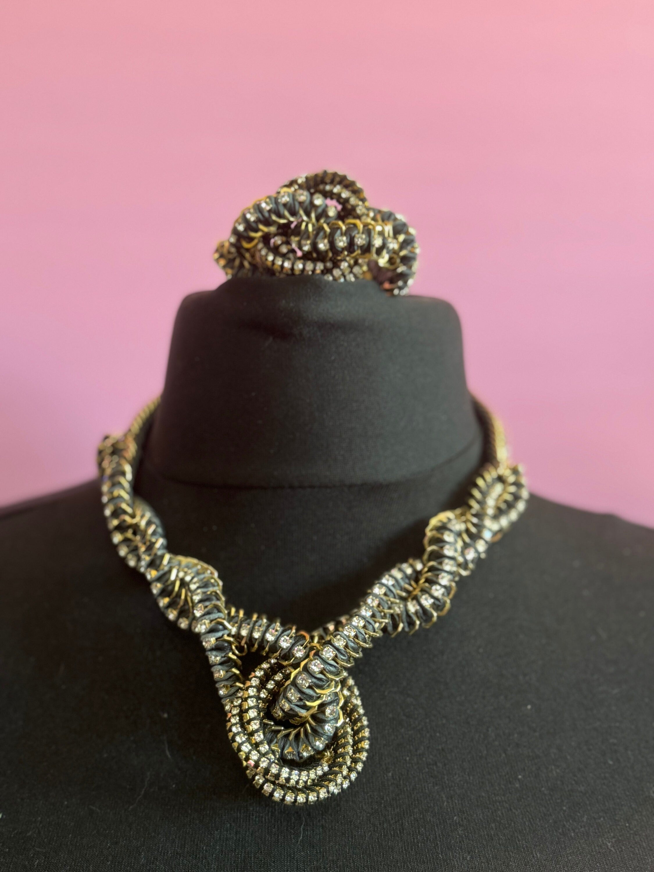 Retro clear Swarovski crystal diamanté and blue leather and cord gold tone diamanté knot pendant necklace bracelet and earring set