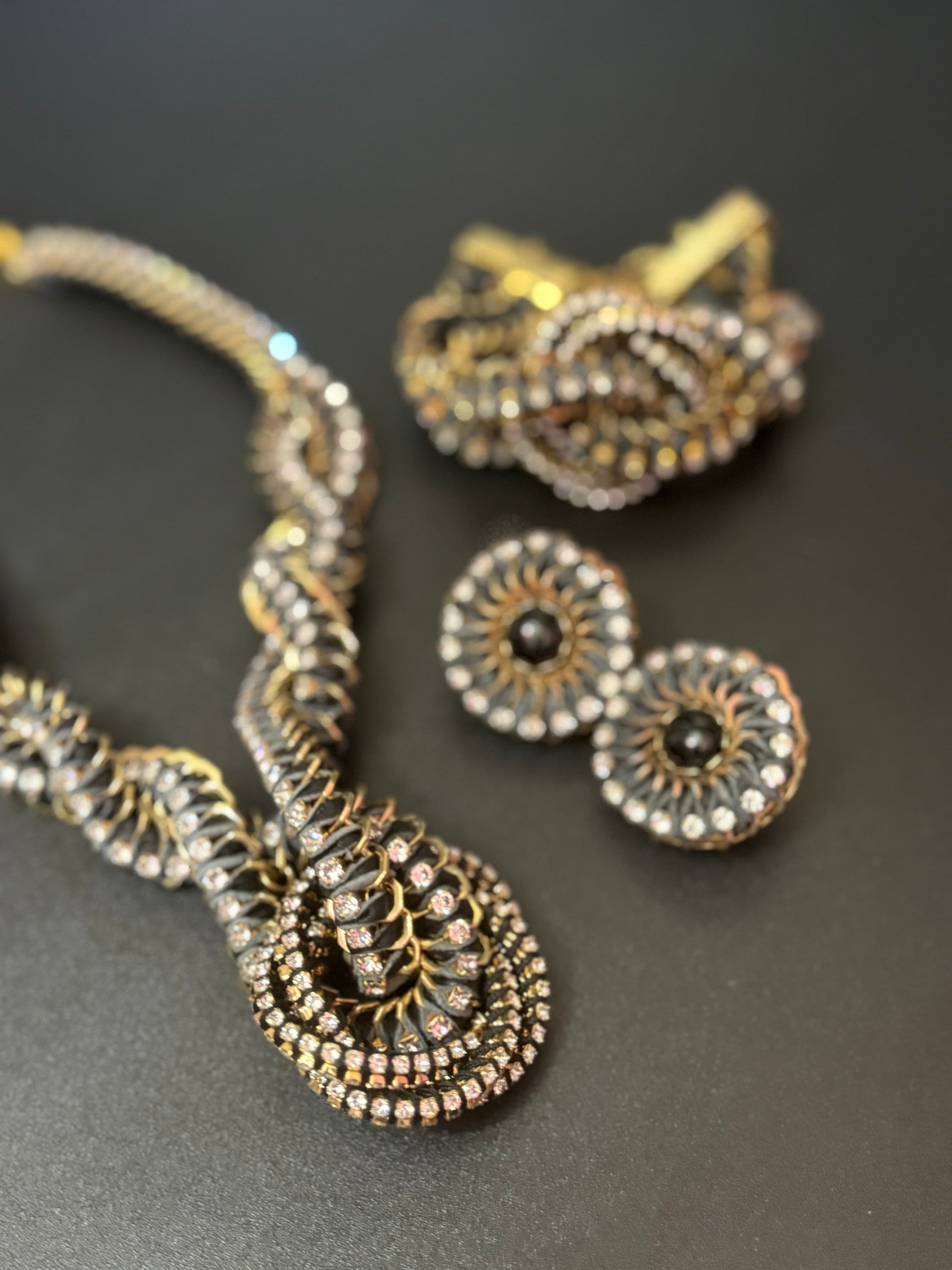 Retro clear Swarovski crystal diamanté and blue leather and cord gold tone diamanté knot pendant necklace bracelet and earring set