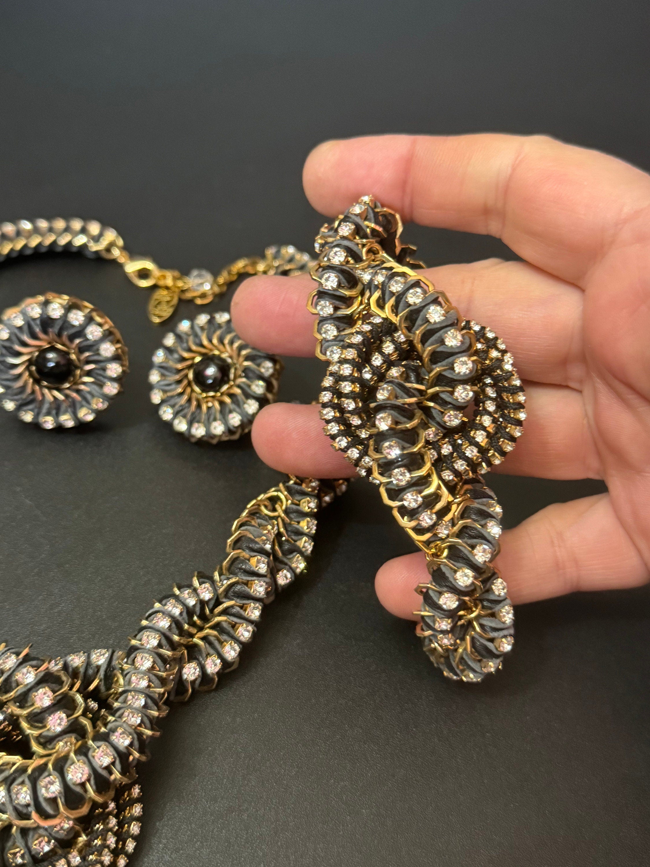 Retro clear Swarovski crystal diamanté and blue leather and cord gold tone diamanté knot pendant necklace bracelet and earring set