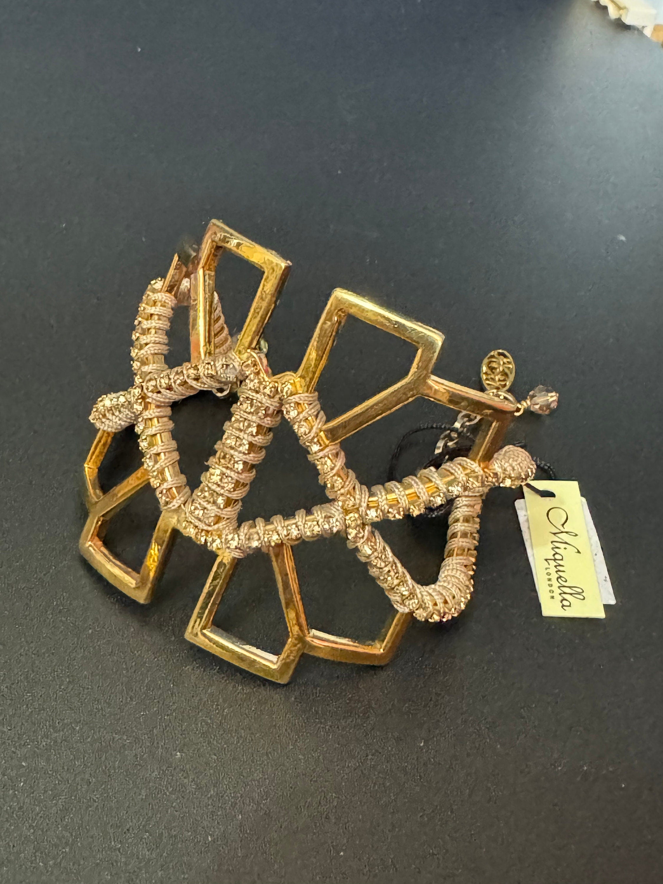 Retro soft topaz Swarovski crystal diamanté and cream silk cord gold tone diamanté pendant necklace and matching cuff bracelet geometric