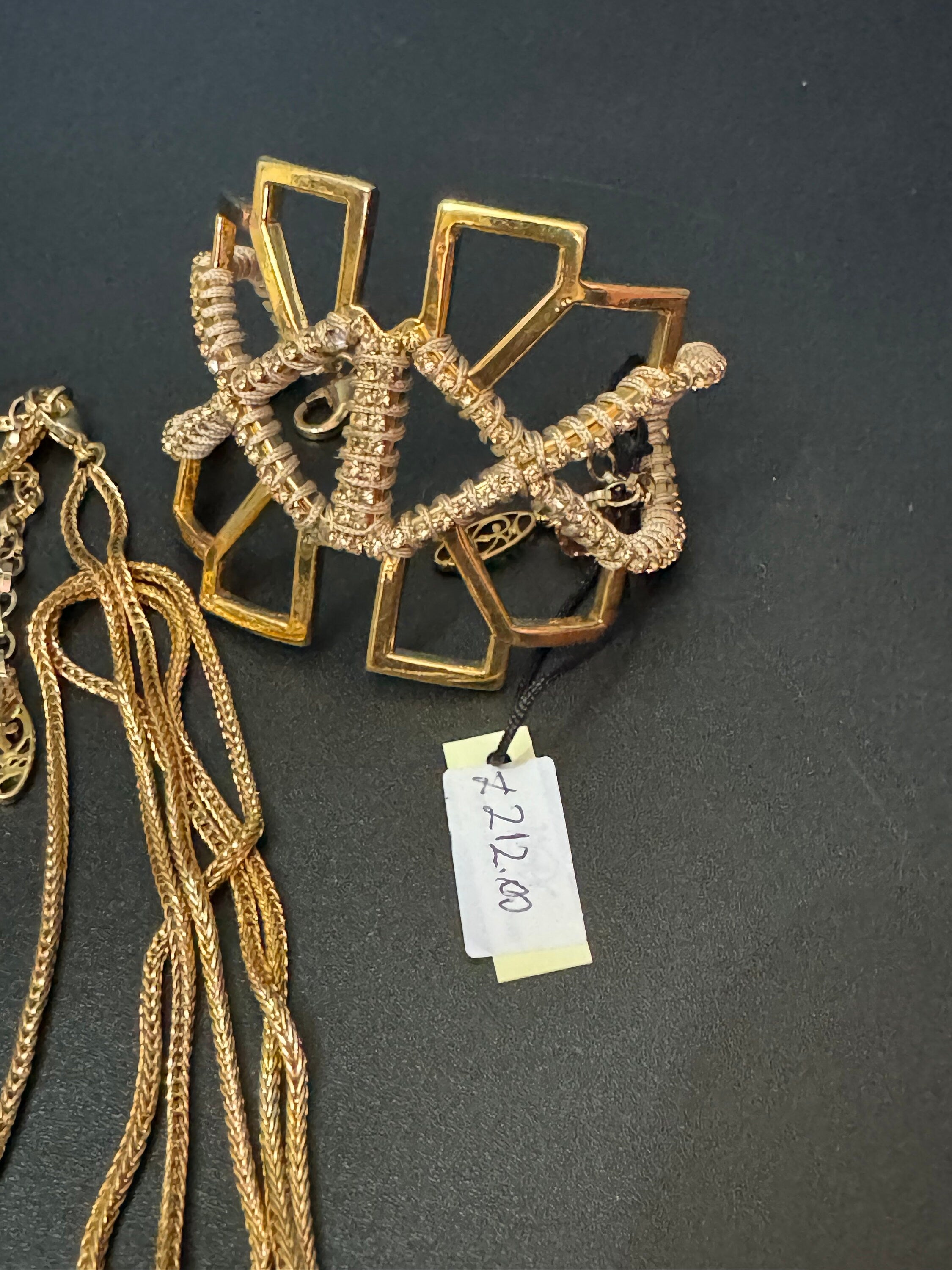Retro soft topaz Swarovski crystal diamanté and cream silk cord gold tone diamanté pendant necklace and matching cuff bracelet geometric