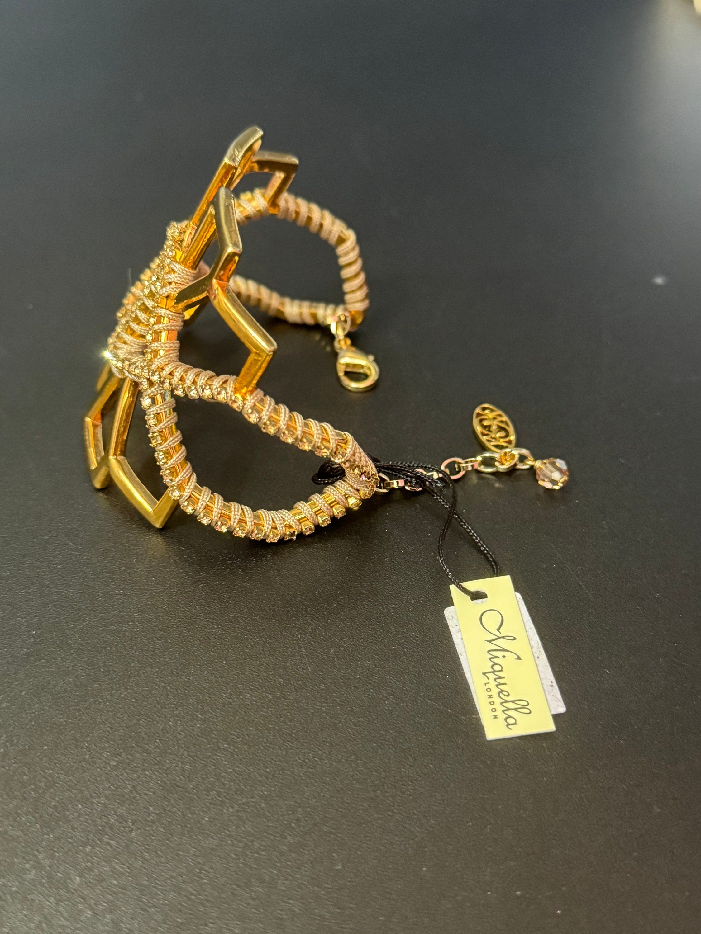 Retro soft topaz Swarovski crystal diamanté and cream silk cord gold tone diamanté pendant necklace and matching cuff bracelet geometric