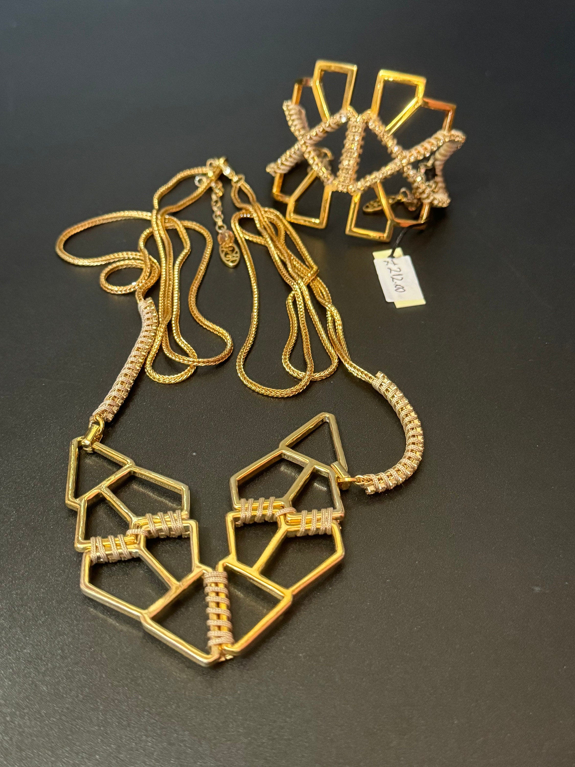 Retro soft topaz Swarovski crystal diamanté and cream silk cord gold tone diamanté pendant necklace and matching cuff bracelet geometric