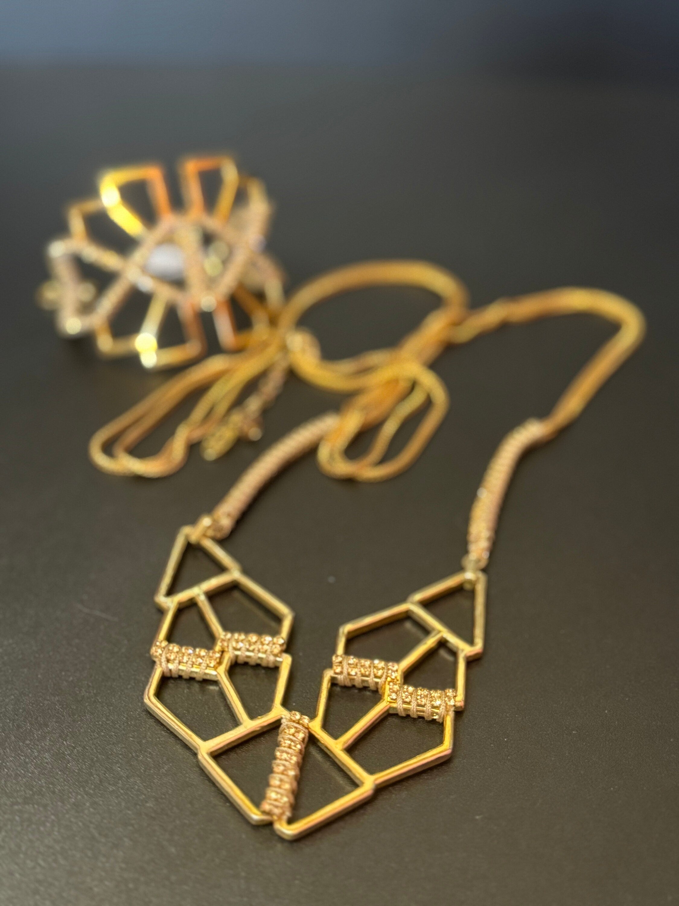 Retro soft topaz Swarovski crystal diamanté and cream silk cord gold tone diamanté pendant necklace and matching cuff bracelet geometric