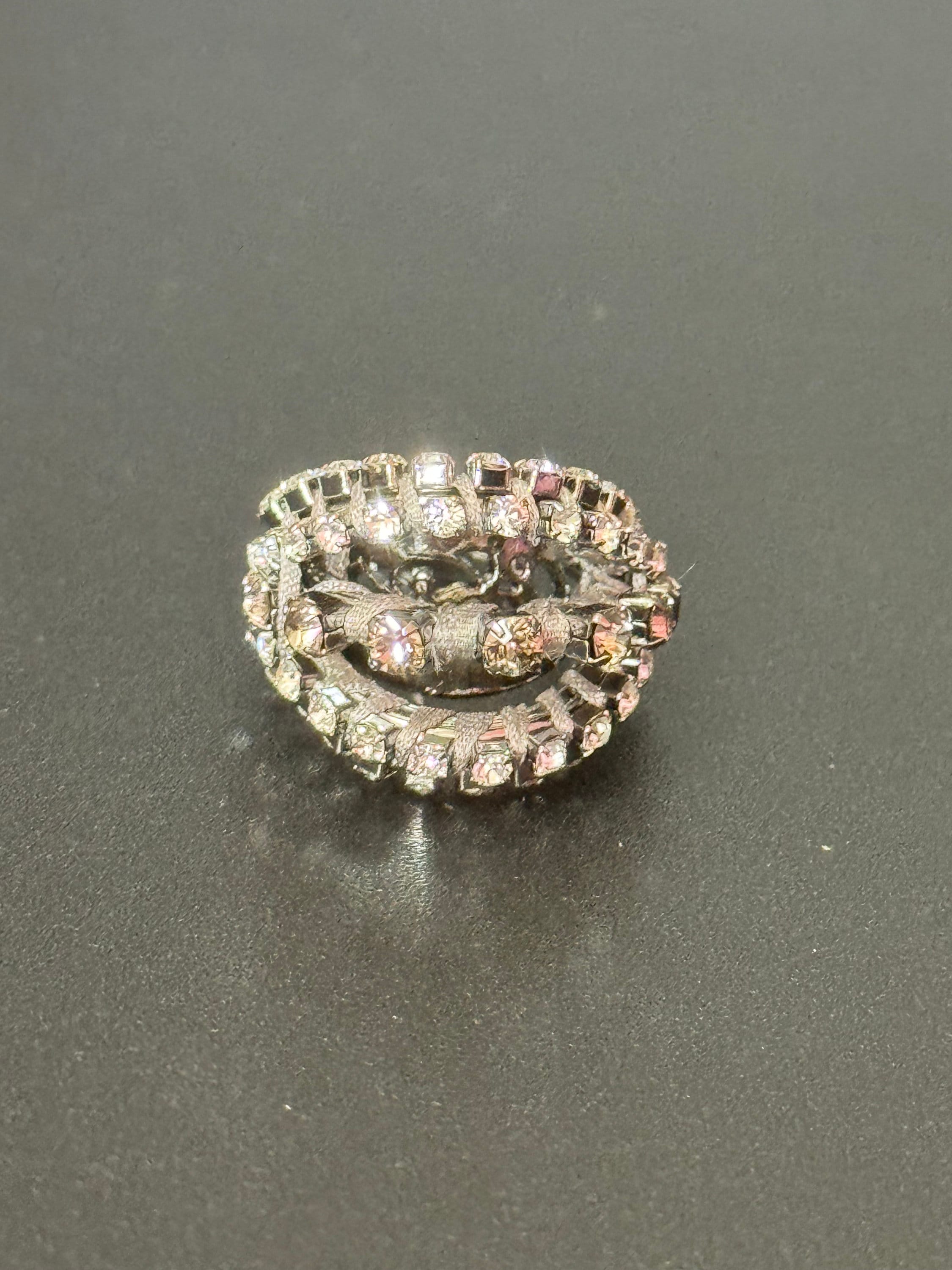 Retro Clear Swarovski Crystal silver tone grey Japanese silk cord cocktail ring adjustable designer