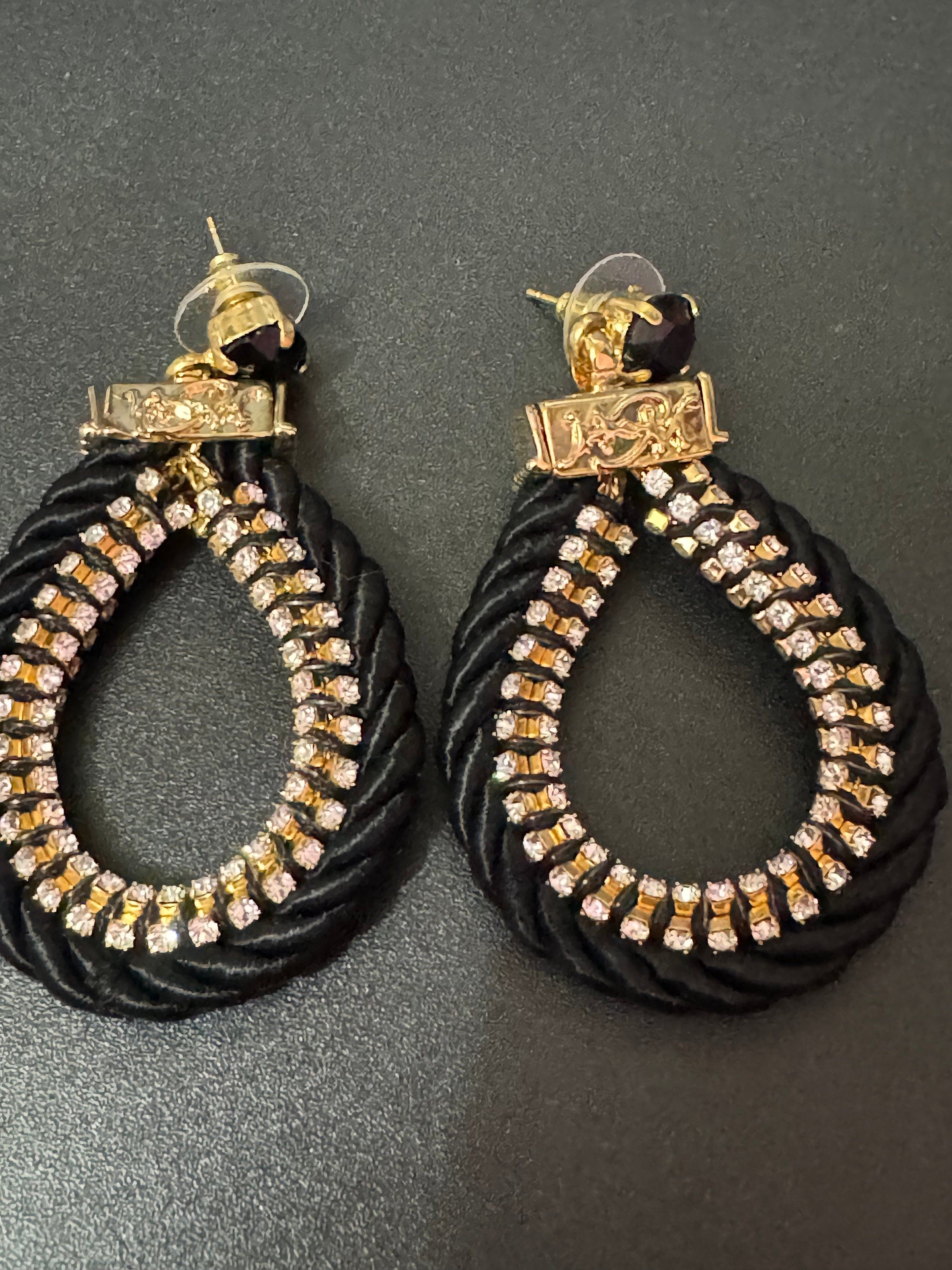 Retro clear swarovski Crystal black silk cord Gold tone oversized teardrop dangle earrings designer