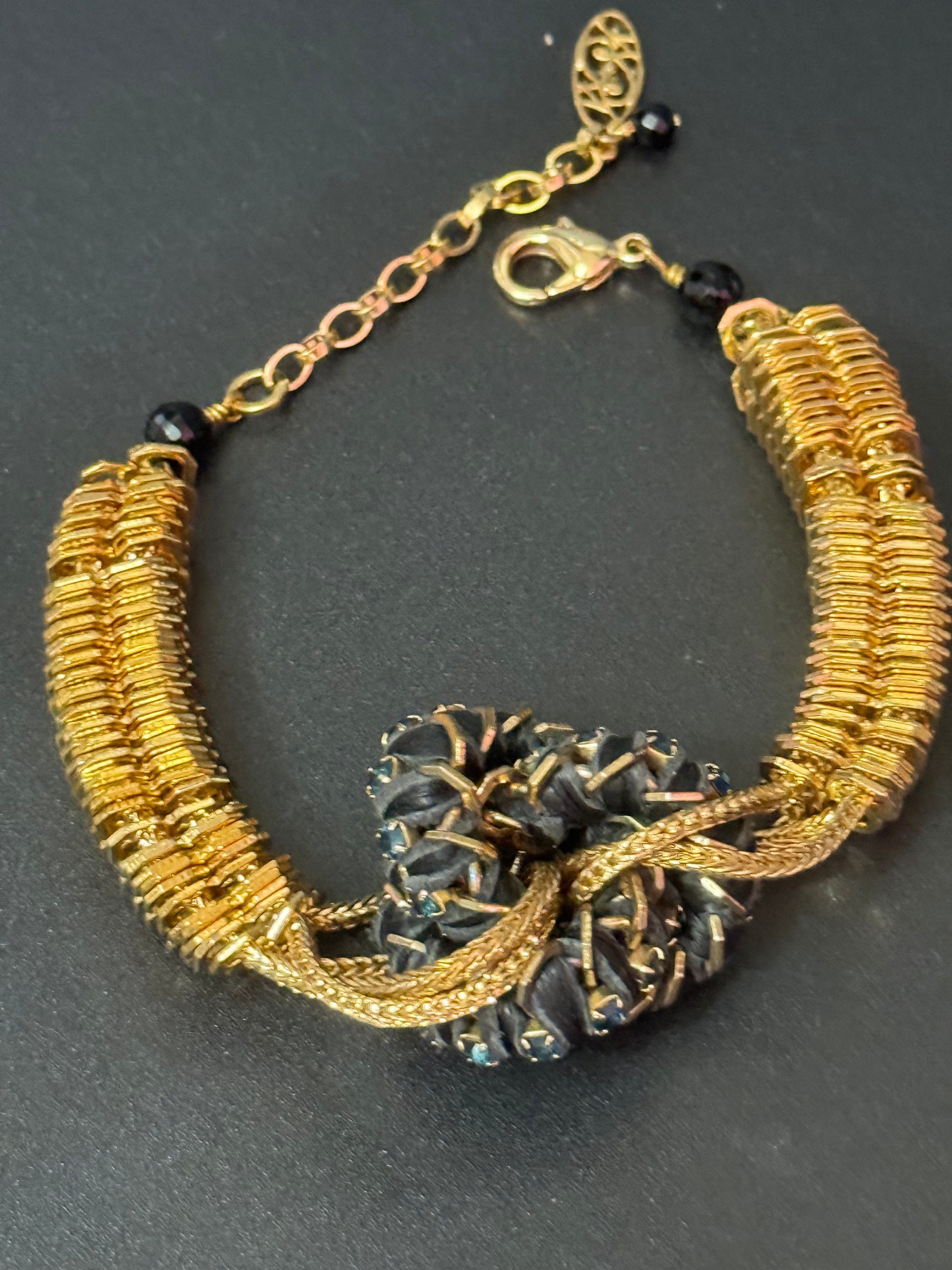 Retro black Swarovski Crystal silk cord  gold tone cocktail knot bracelet designer