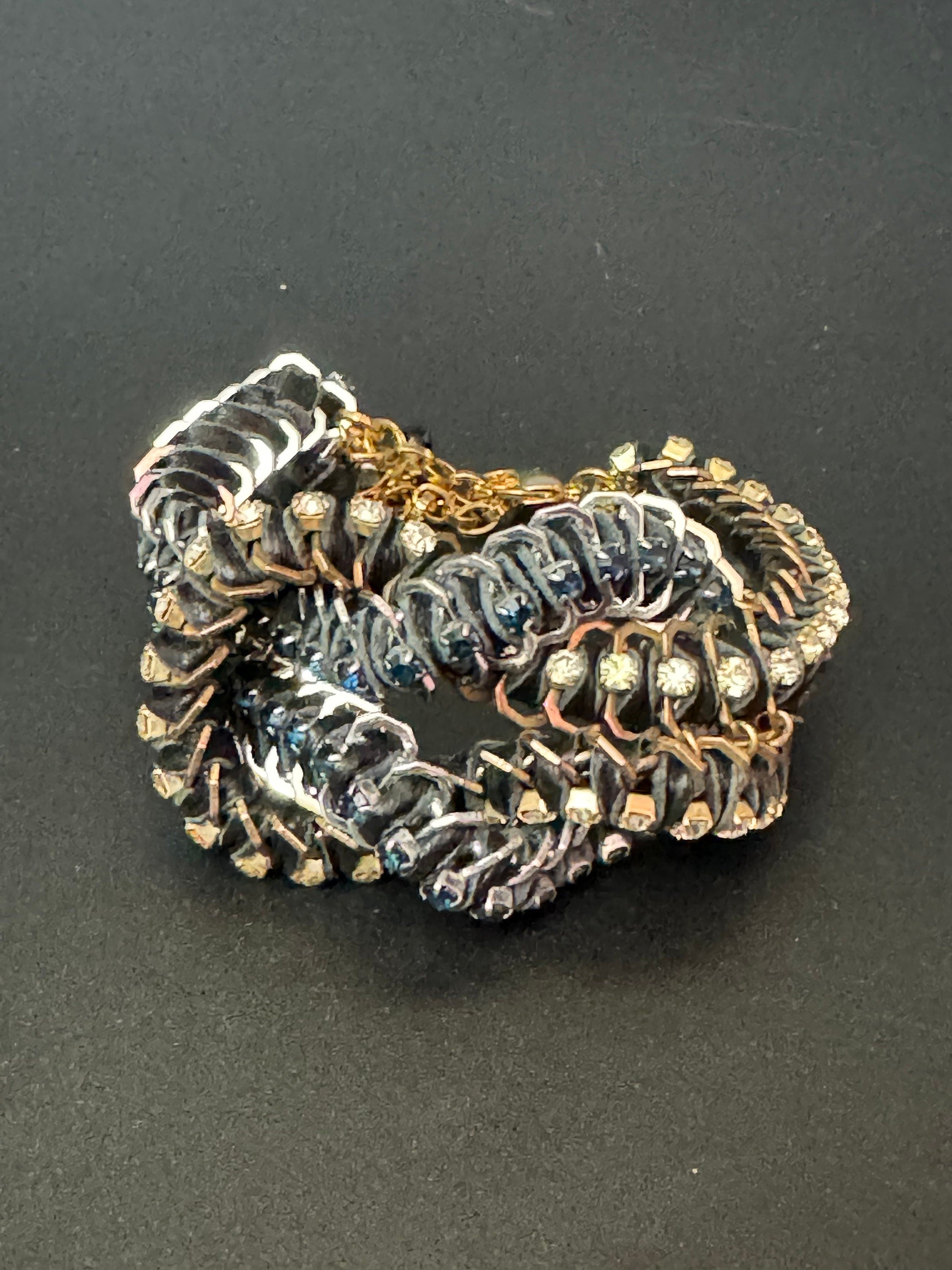Retro Clear Swarovski Crystal silk cord silver and gold tone chunky cocktail knot bracelet designer