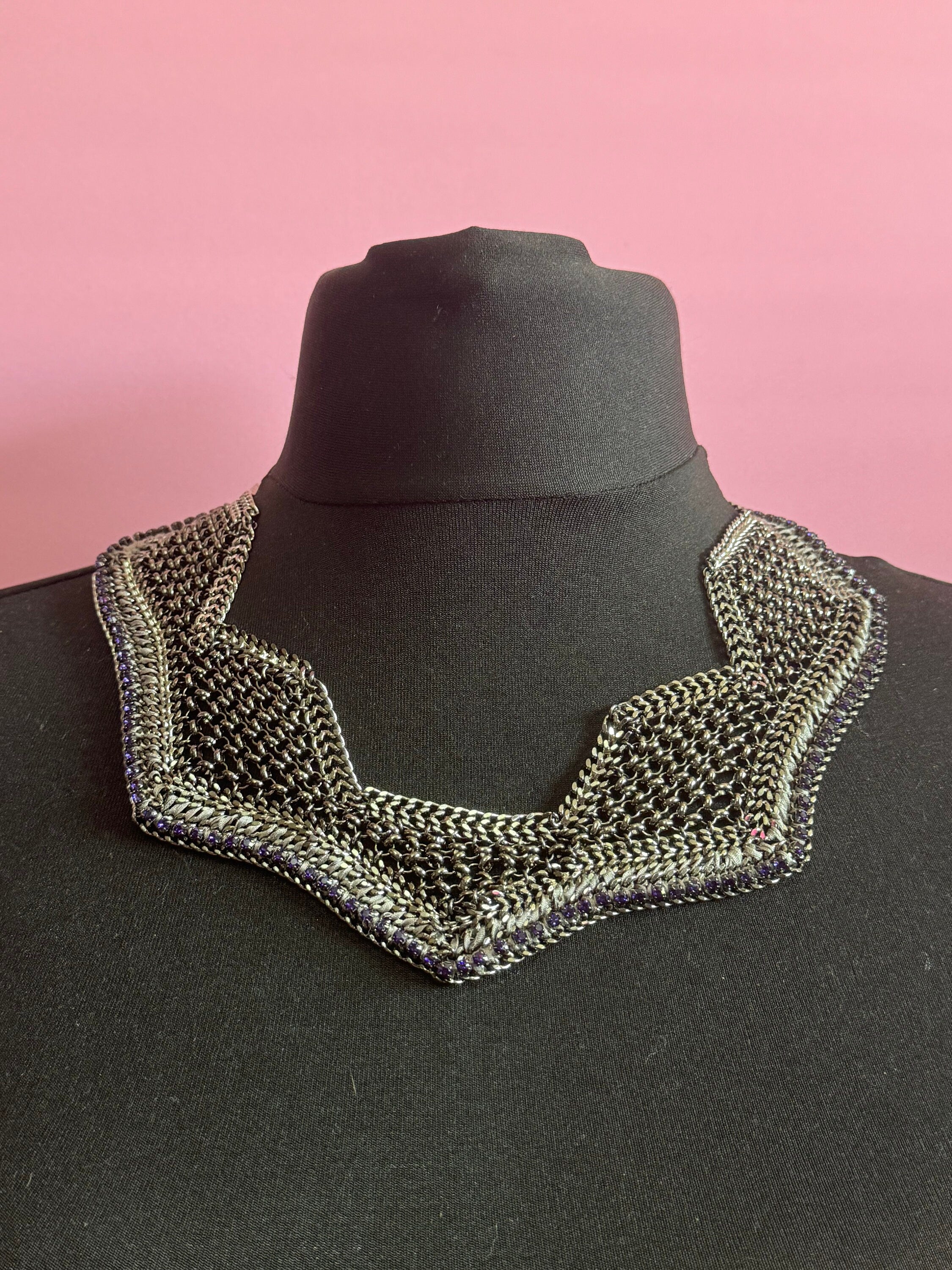 Retro deep purple Swarovski Crystal diamanté and dark grey silver tone chainmail wide choker necklace designer
