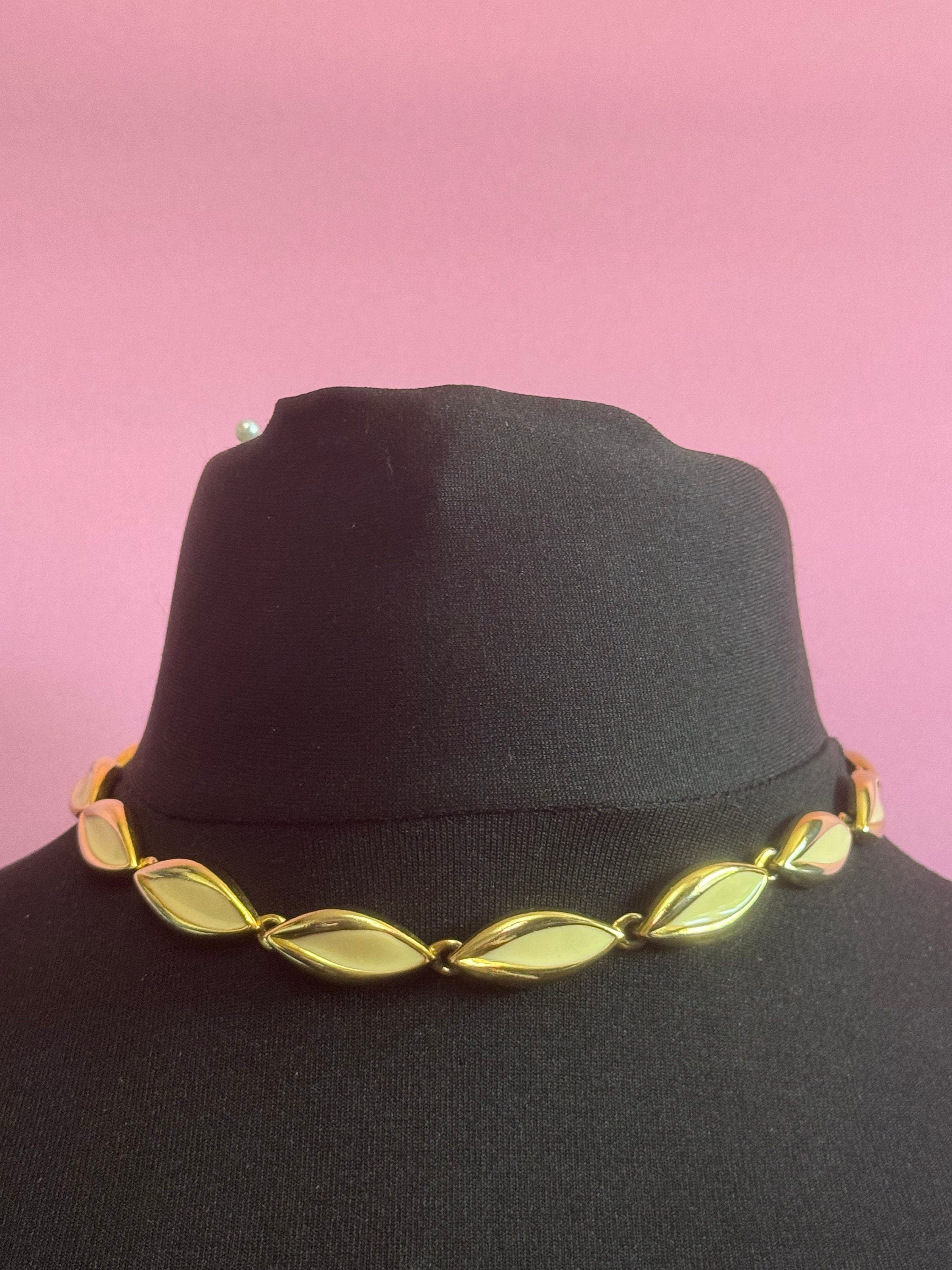 Vintage heavy gold tone and cream enamel panel link choker necklace 43cm