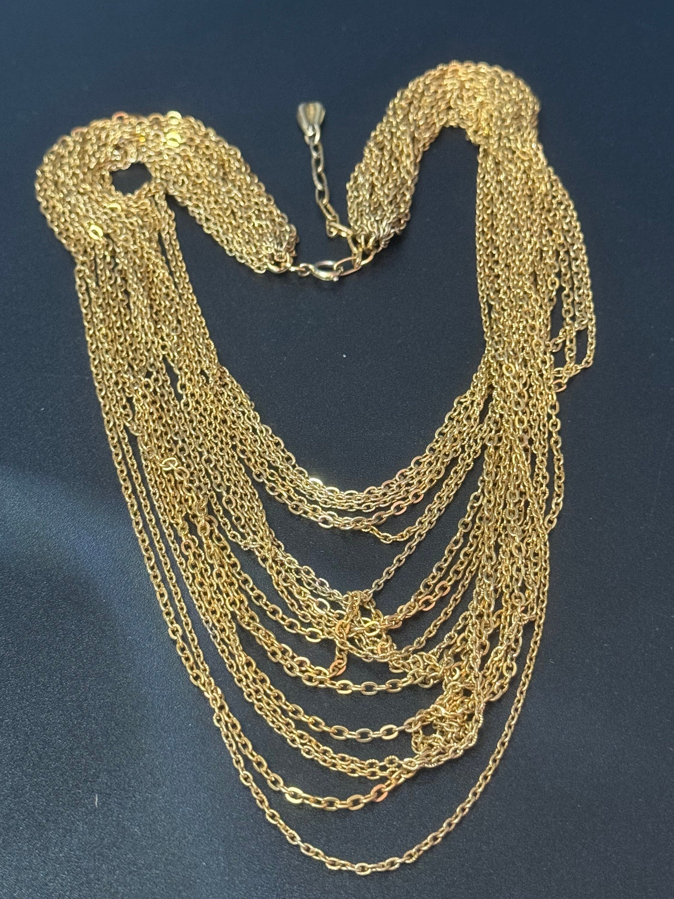Vintage 1970s gold tone fine multi strand necklace choker waterfall 48cm