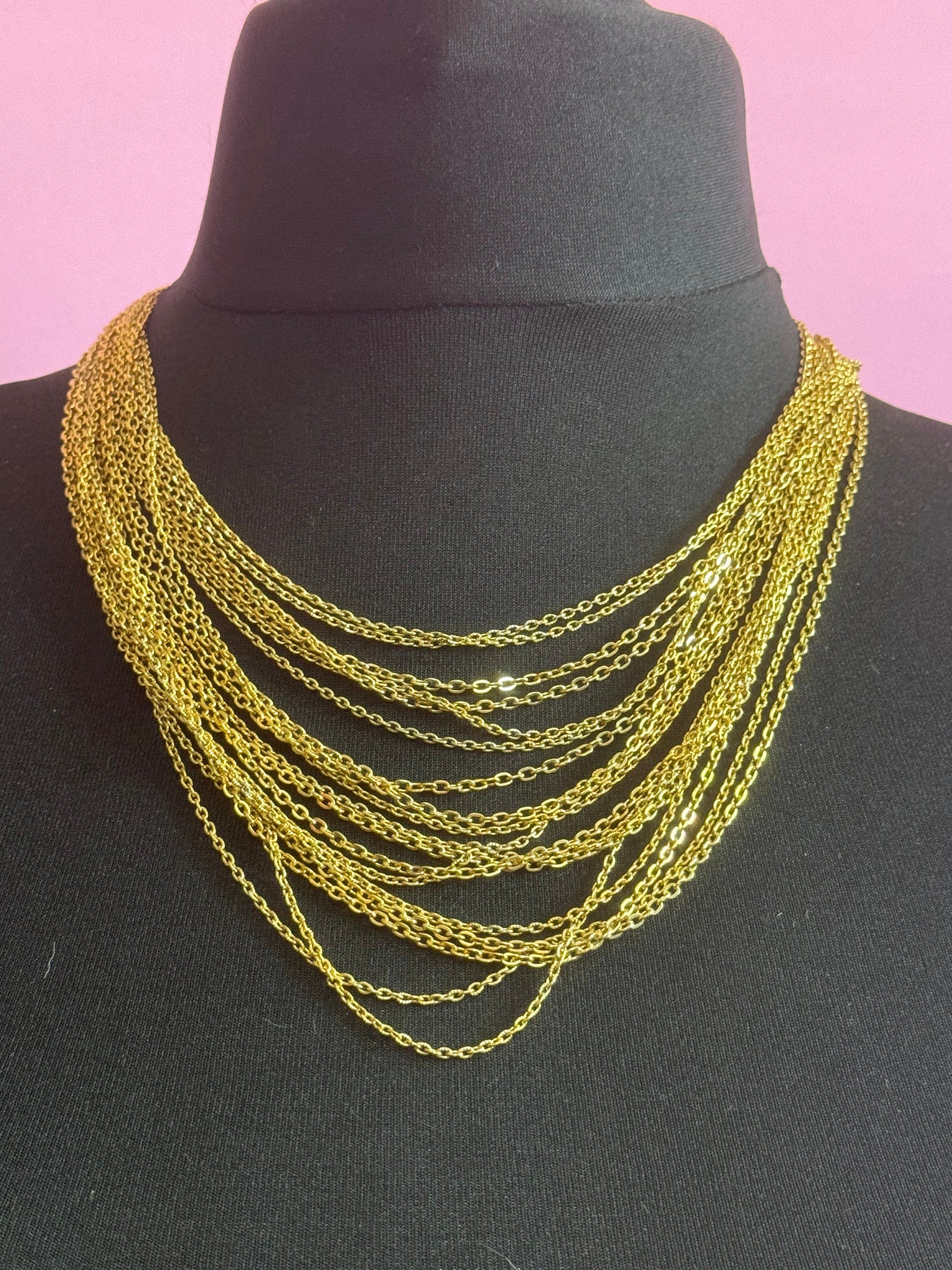 Vintage 1970s gold tone fine multi strand necklace choker waterfall 48cm