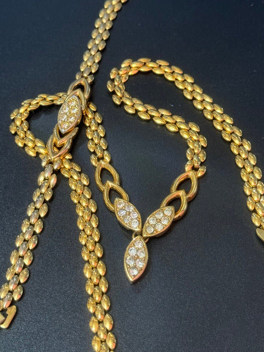 Retro 1980s gold tone wide panther link clear diamanté necklace and matching bracelet jewellery set