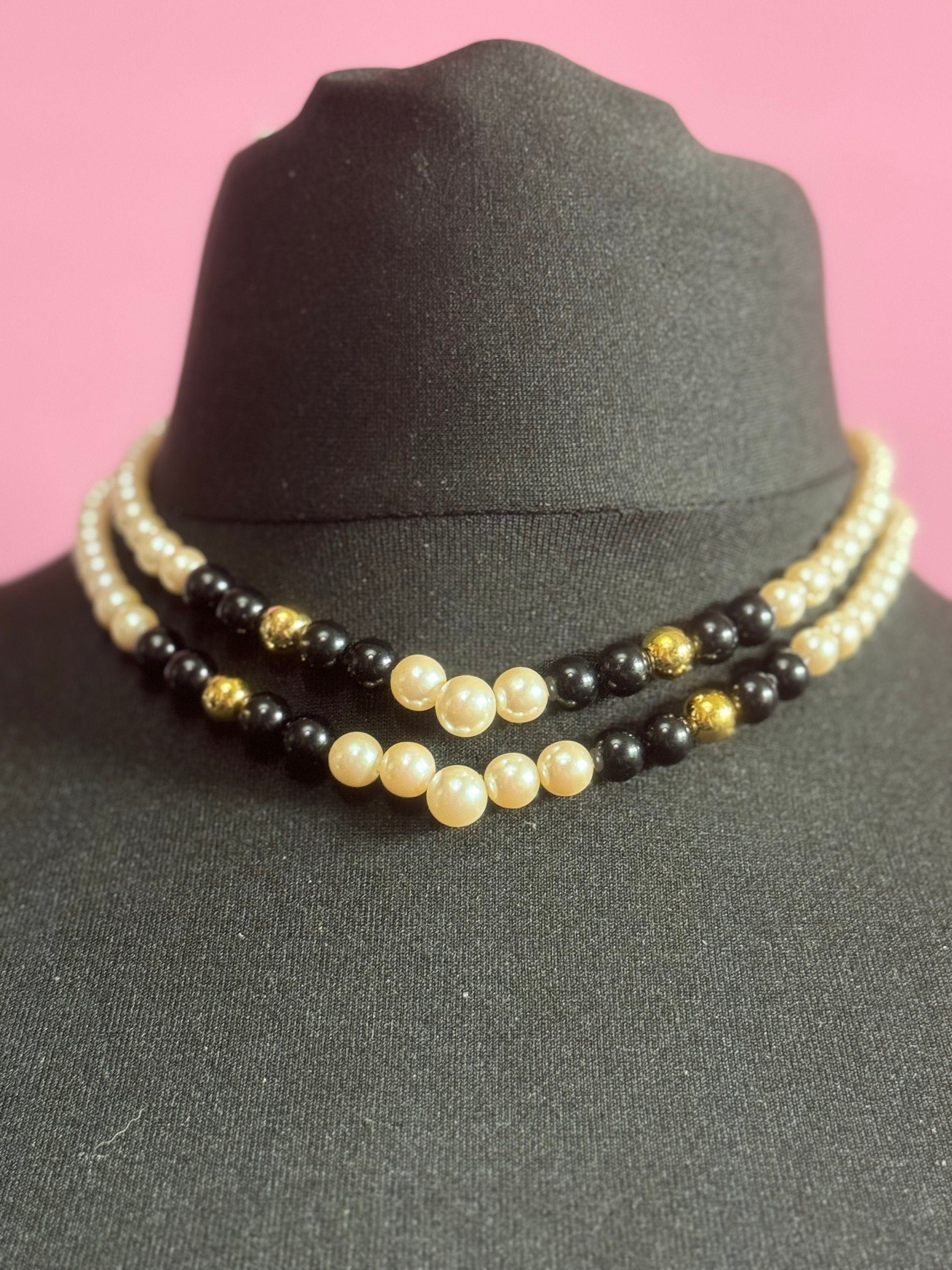 Signed Richelieu designer faux pearl Vintage black and gold beaded collar necklace